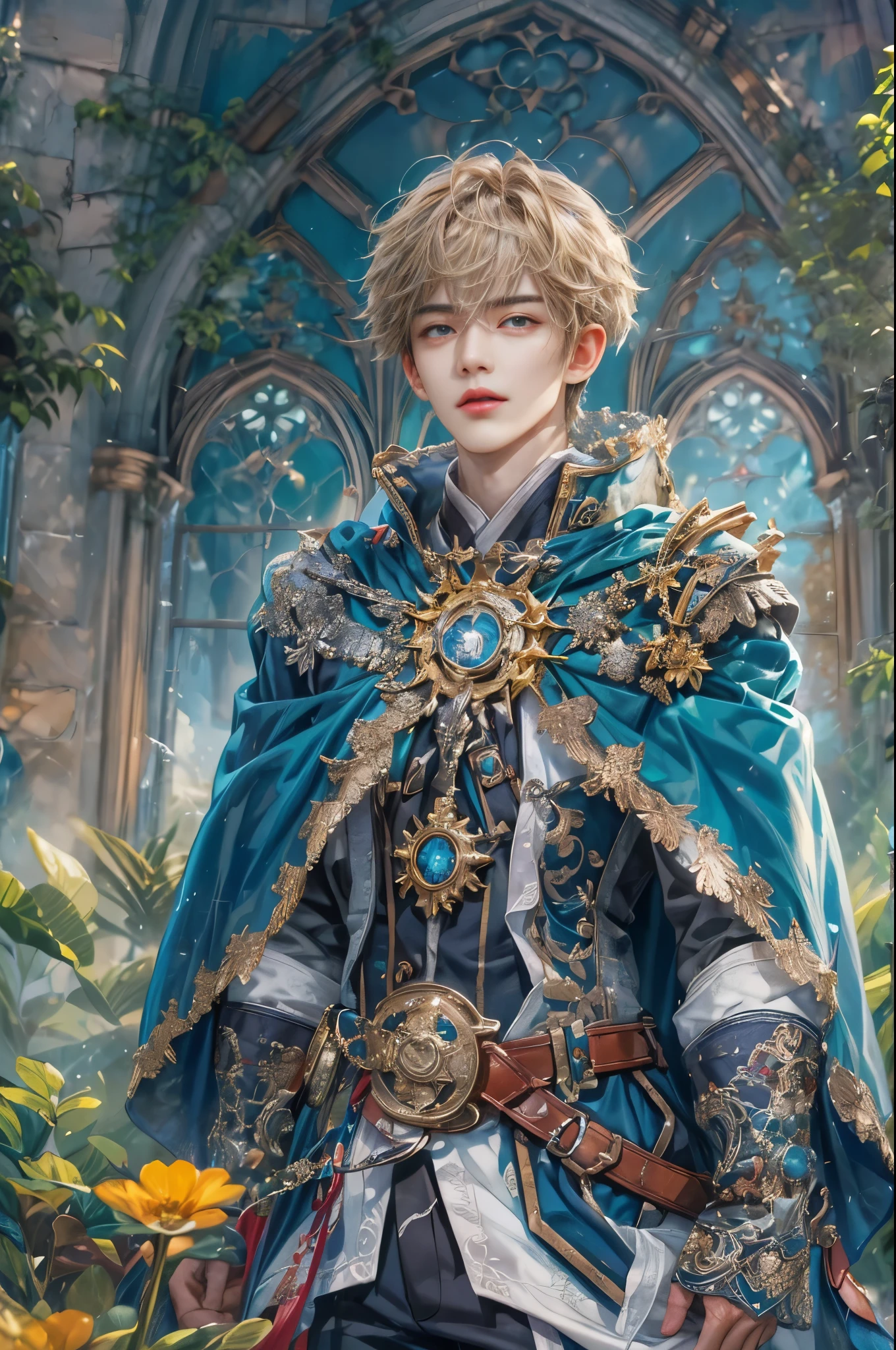 (absurdres, highres, ultra detailed, HDR), masterpiece, Intricate details,best quality picture of a character from Star Ocean, handsome korean teen boy with short Hair anime eyes, intricate details on face, Hero Outfit showing Chest with cape in vivid color, detailed outside garden cathedral scenery, detailed character, art kenouji