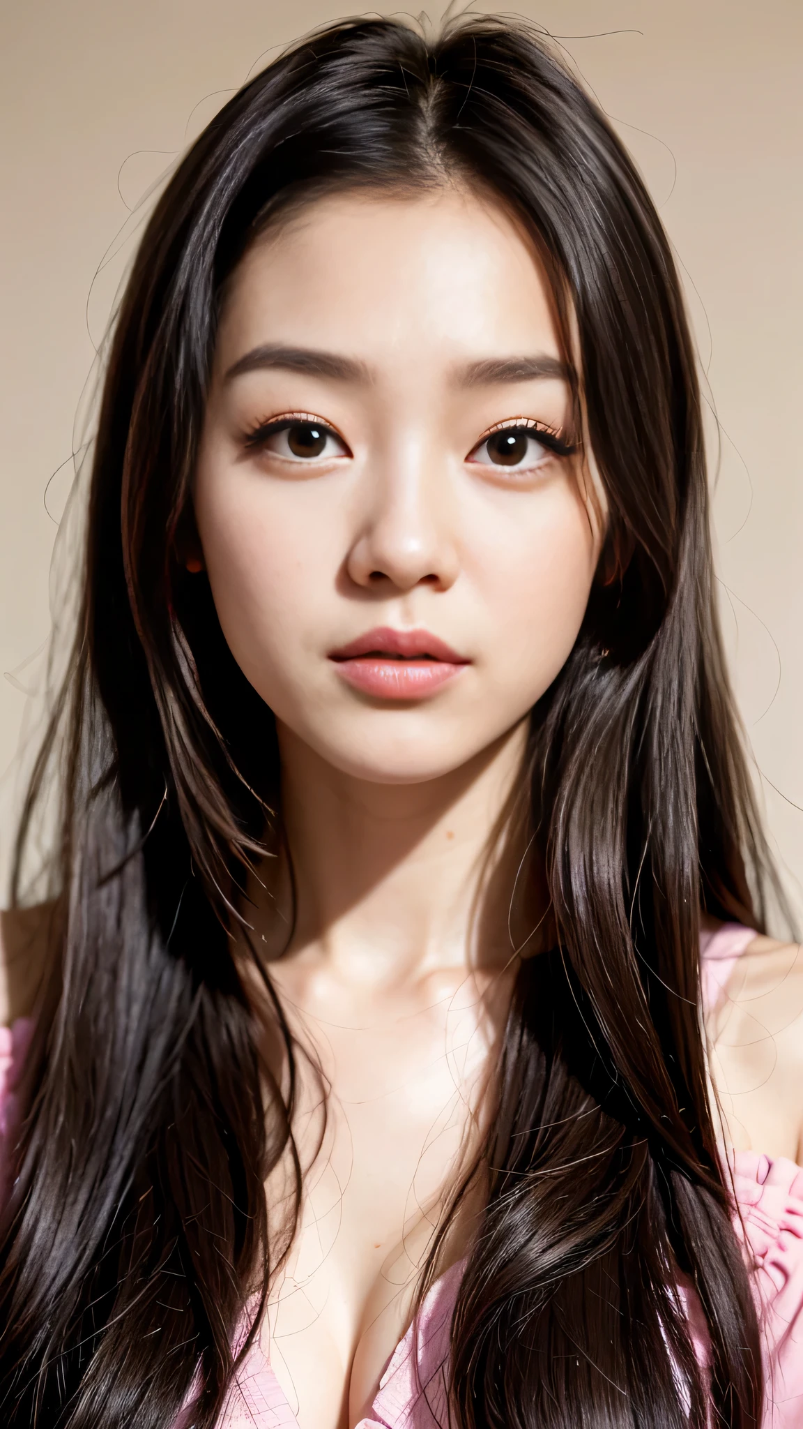 Close-up of a person with long hair and pink lipstick, that&#39;With a cute Korean face, Clean and cute face, young adorable korean face, she has a cute face, blackpink joshi, blackpink larisa manoban, Larisa Manovar, With cute doting eyes, she has a cute expressive face, black pink jenny, young and cute face、genuine、pieces fly、masterpiece skin