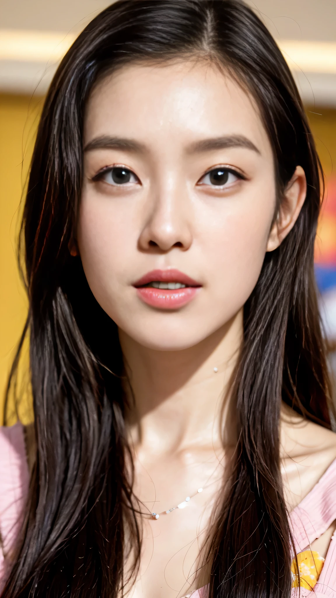 Close-up of a person with long hair and pink lipstick, that&#39;With a cute Korean face, Clean and cute face, young adorable korean face, she has a cute face, blackpink joshi, blackpink larisa manoban, Larisa Manovar, With cute doting eyes, she has a cute expressive face, black pink jenny, young and cute face、genuine、pieces fly、masterpiece skin