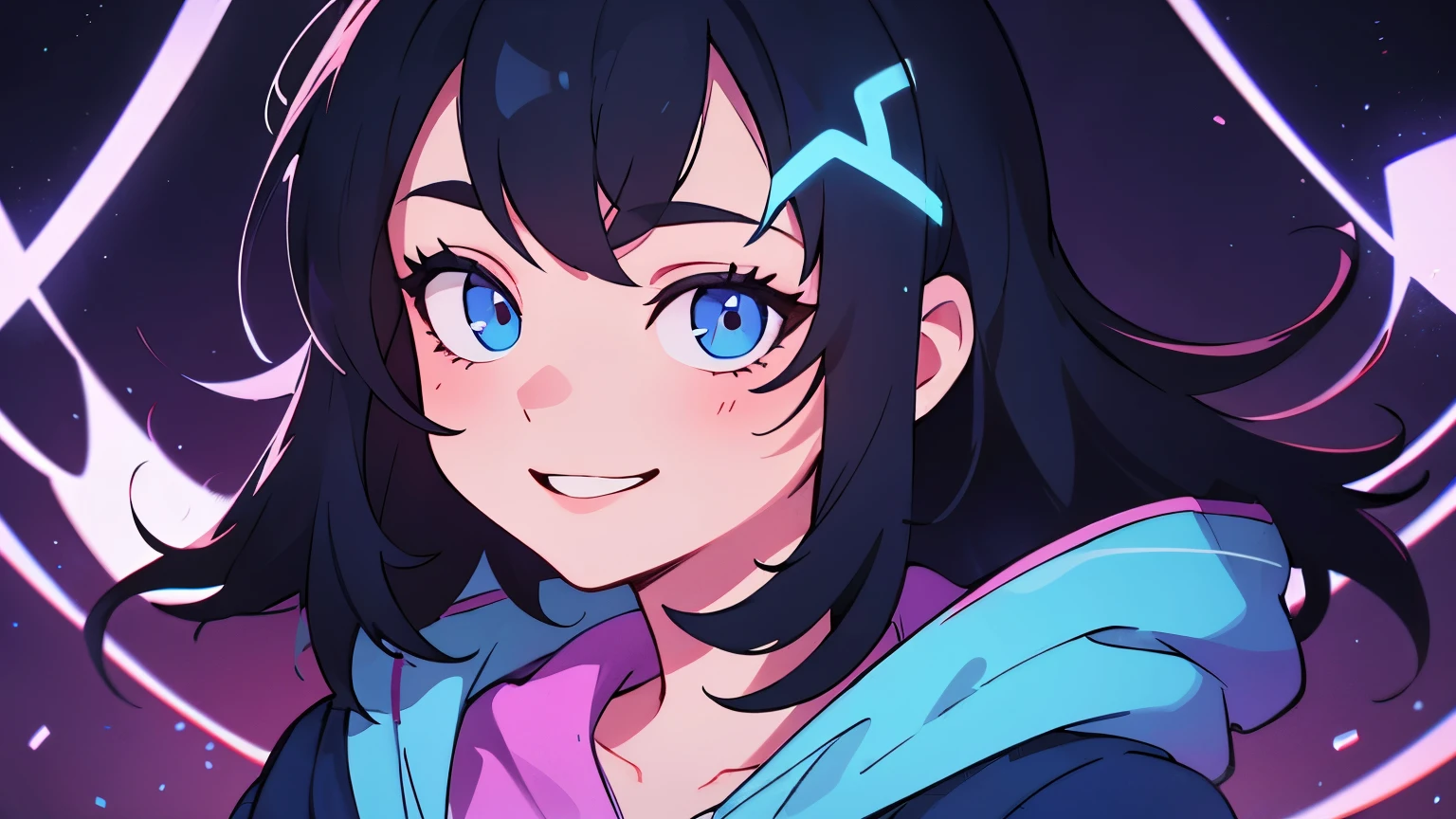 ((best quality)), ((masterpiece)), (detailed), perfect face, detailed background, masterpiece, best quality, smile, ornament, hoodie, portrait, blue neon, graffiti, dark, night, glowing eyes, blacklight
