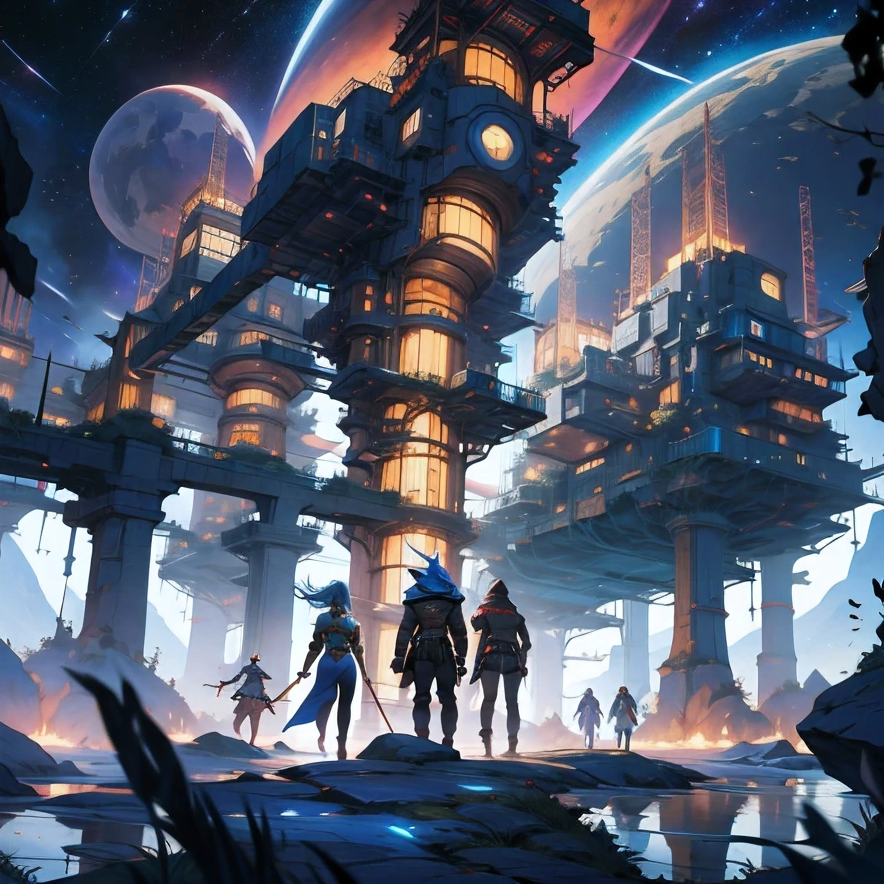 A wallpaper written "Numenera: The Knife's Edge:" with just 5 characters, 3 men and 2 women, dressed in futuristic clothes different from each other, wielding different weapons, seen from a distance and with their backs on an unknown planet looking at a dark, starry sky, with many fluorescent colors and a large space station being swallowed by a black hole, 4k, numenera, rpg