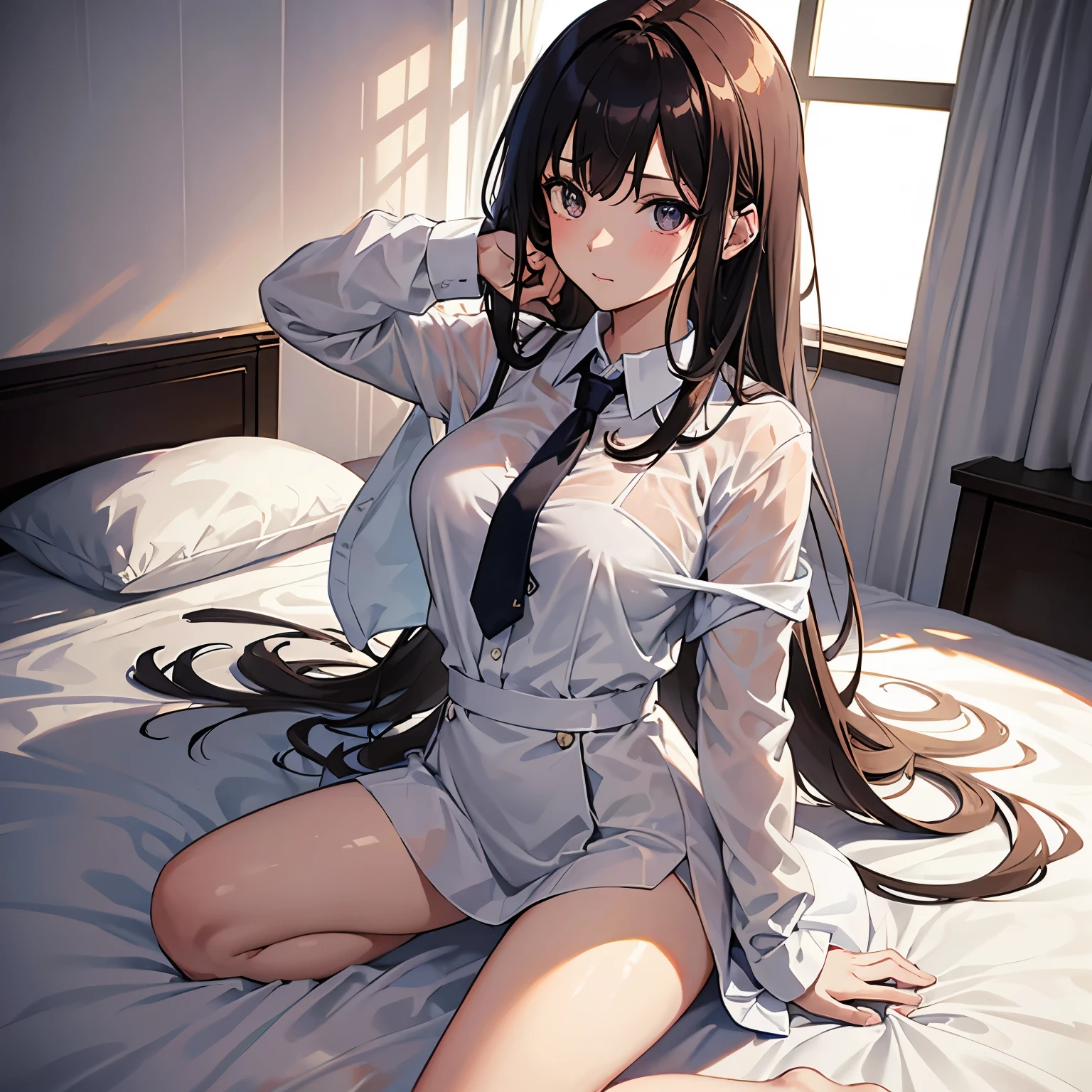 “(masterpiece),best quality,anime style,woman,on top of bed,tie with ribbon,(1 trap:1.2),wet white shirt:1.3),dark hair,light skinned,arms raised,Not wearing,Clear and sexy,edge,”。”
