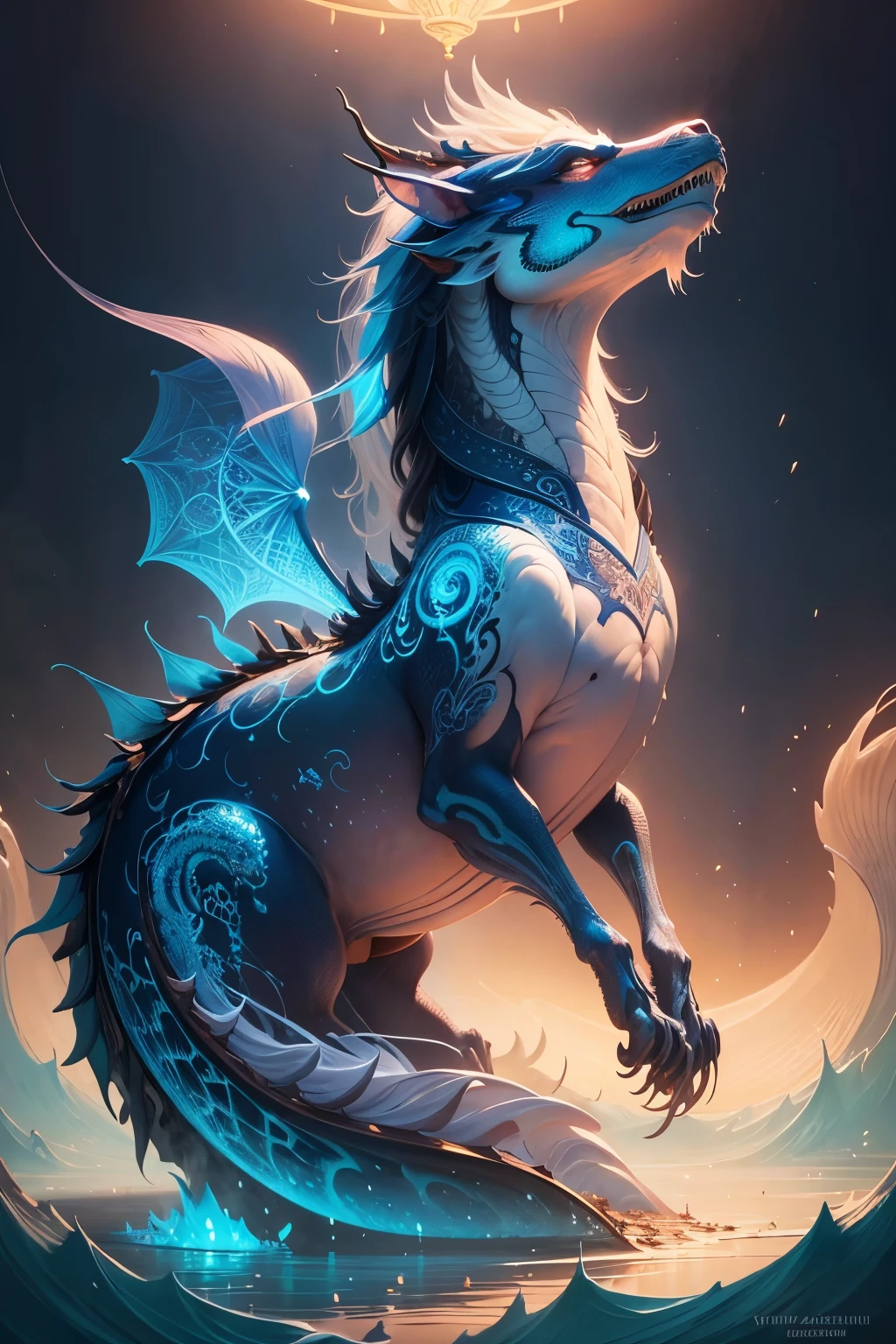 The Chinese Loong is a mystical blue picture shrouded in smoke. Adopting the intricate style of Cyril Rolando, it features delicate pink and light gold hues, layered and translucent, creating an ethereal effect. The Loong, a legendary Chinese dragon, is intricately detailed with fans and adorned with white and translucent water, adding to its enchanting allure. Ivan Fedorovich Jorz, a master artist, brings this magnificent creature to life with meticulous brushstrokes and a vivid imagination.