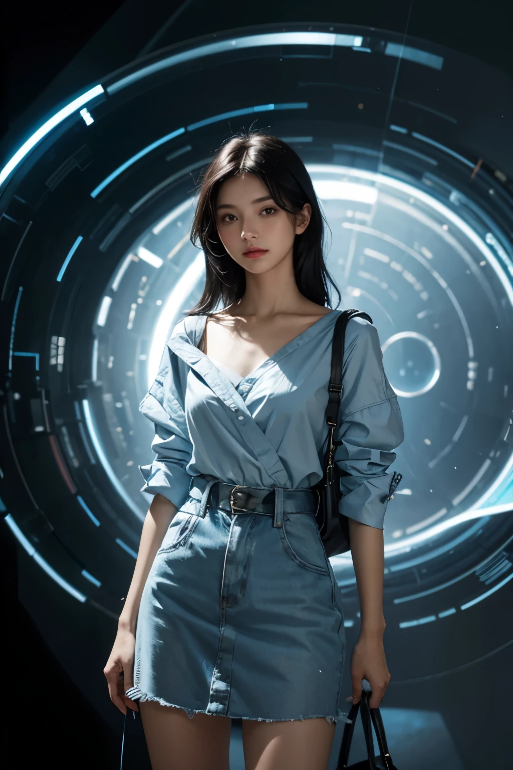 A beautiful woman wearing modern clothes in light blue tones. Black hair. The woman looks over her shoulder at the camera as she prepares to enter the wormhole. 8K image quality.