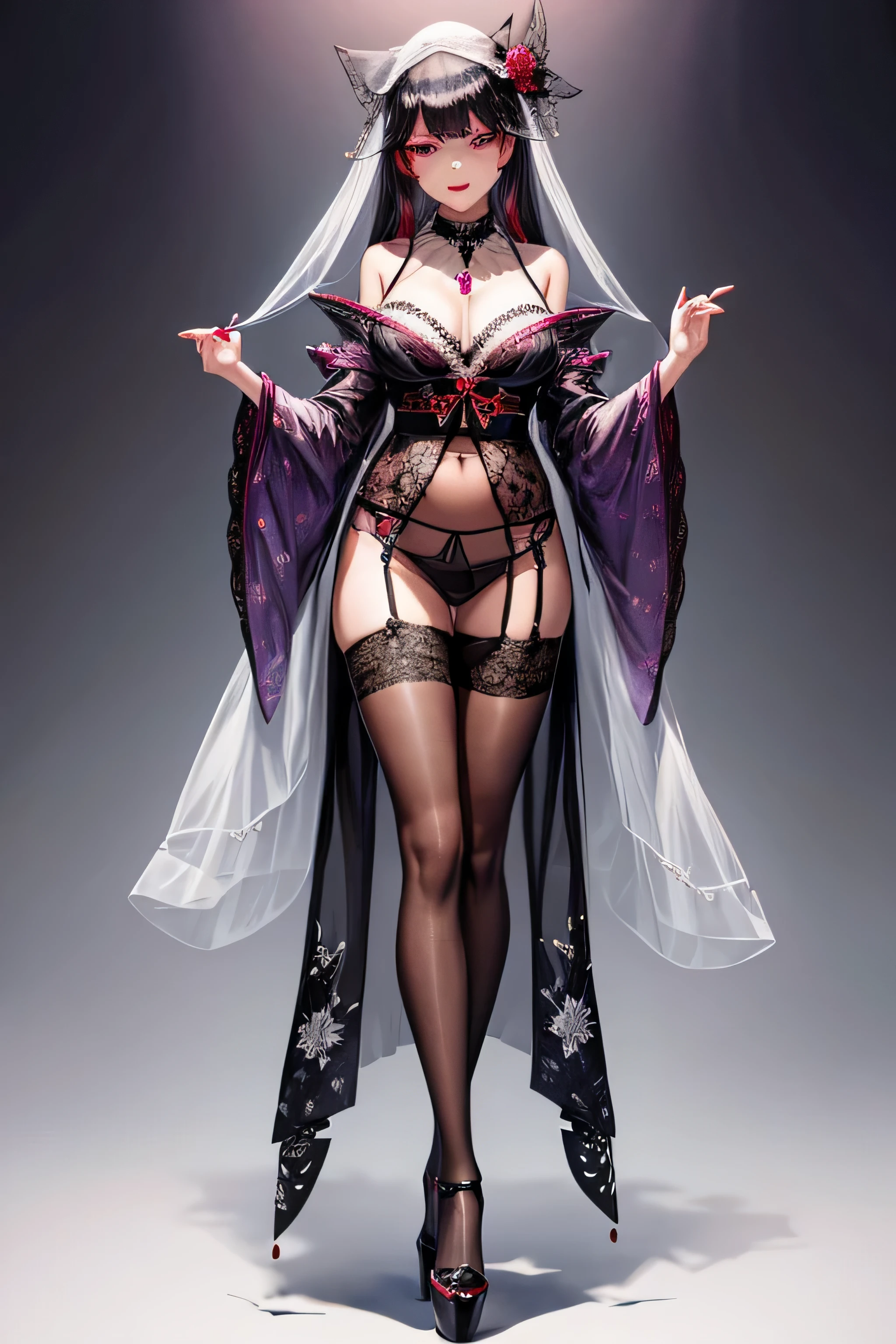 See-through,black face veil , Black nylon , silk stockings ,purple eyes，red lipstick，See-throughの袴、transparent black kimono　,sheer lingerie,enamel high heels,pearl necklace,,straight,lace long gloves, shortcut,　hair ornaments,　Japanese style room　，crossed legs