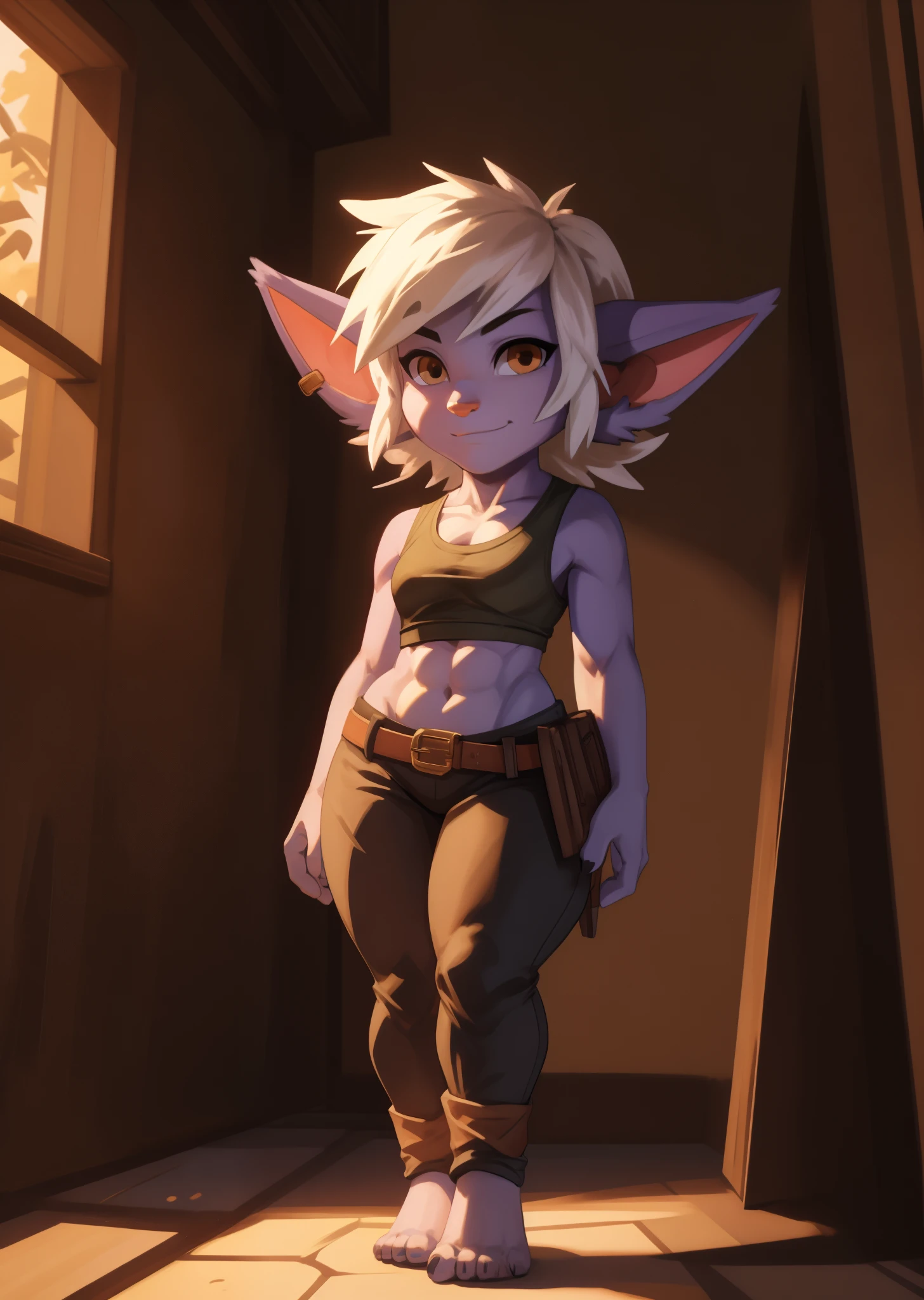 [tristana], [LOL], ((masterpiece)), ((HD)), ((high res)), ((beautiful render art)), ((solo portrait)), ((full body)), ((front view)), ((feet visible)), ((detailed shading)), {(attractive), (short), yordle, (purple skin), (large elf ears), (short white hair), (cute brown eyes), (detailed iris), (short eyelashes), (curvy hips), (detailed abs), (thick thighs), (detailed legs), (beautiful legs), (beautiful feet), (humanoid feet), (cute smirk), (excited expression)}, {(green tank top), (navel), (tight green pants), (brown belt), (toeless socks)}, {(standing), (waving at viewer), (looking at viewer)}, [background; (forest), (window), (blue skys), (sun rays), (ambient lighting)]