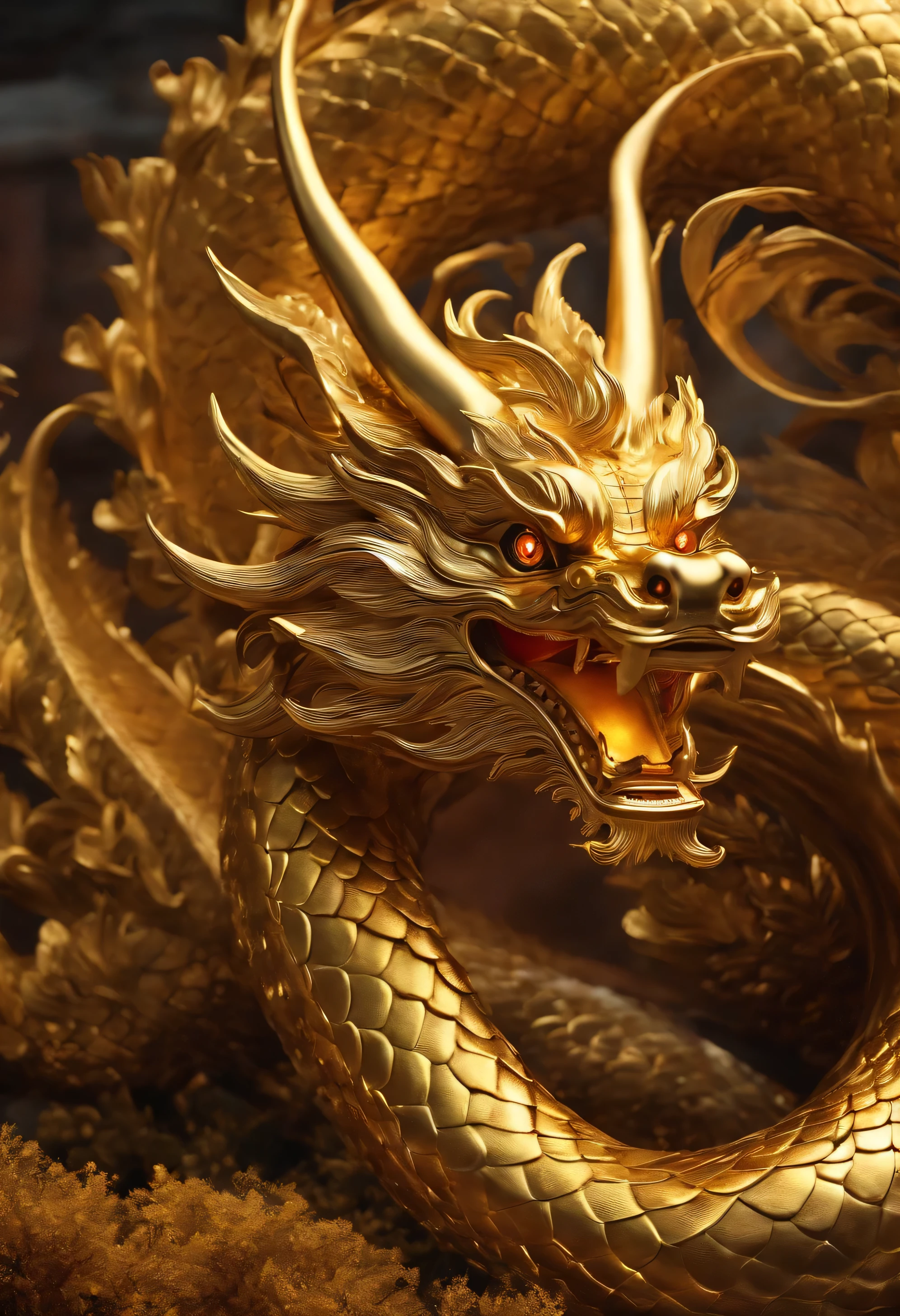 golden swirling chinese dragon，The whole dragon, ((in front:1.4)), ((look ahead:1.4)),
