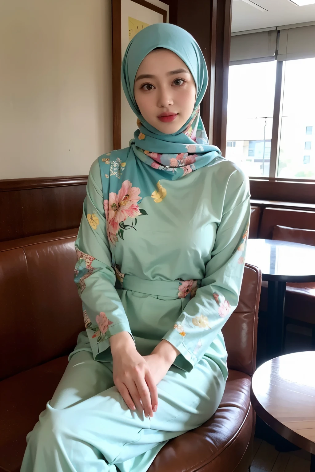 A photo of a young, nerdy malay woman in hijab sitting in a starbuck cafe with 1 malay men in office suit standing behind, woman wearing pastel floral pattern baju kurung, surrounded by a cozy atmosphere, cool ambient, looking at the viewer. (Detail skin:1.3), haired hand,
Hijab, slender, red lips,  flirting with the camera, 35mm, Over-the-shoulder shot, vibrant color grading, light leaks, starbursts, epic fantasy