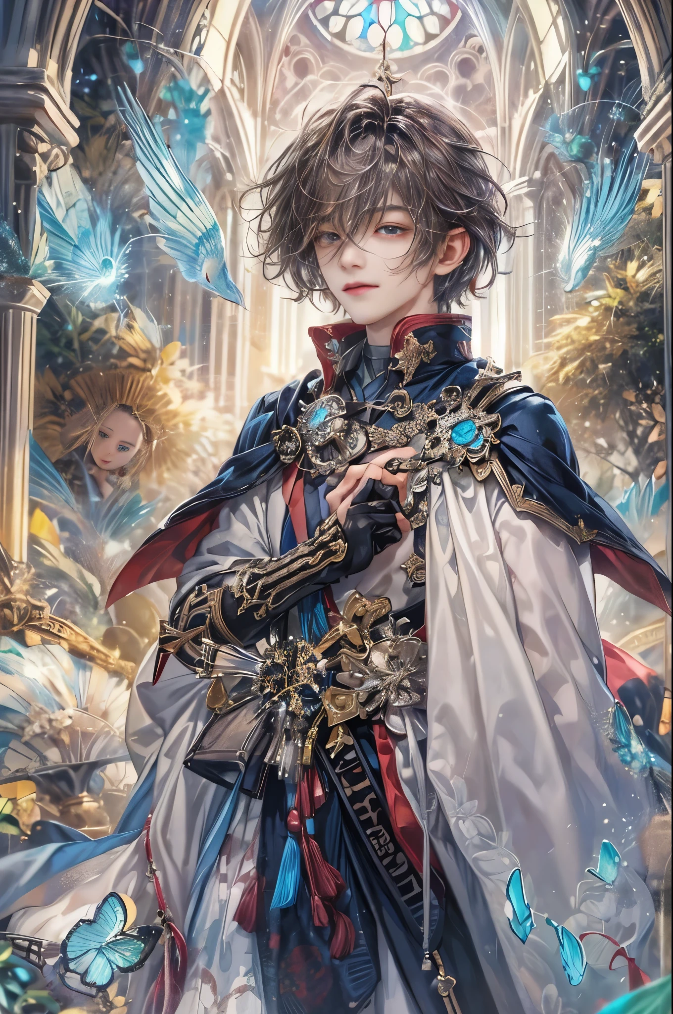 (absurdres, highres, ultra detailed, HDR), masterpiece, Intricate details,best quality picture of a character from Star Ocean Anamnesis, handsome korean **** boy with short Hair anime eyes, intricate details on face, Hero Outfit showing Chest with cape in vivid color, detailed outside garden cathedral scenery, detailed character, art kenouji