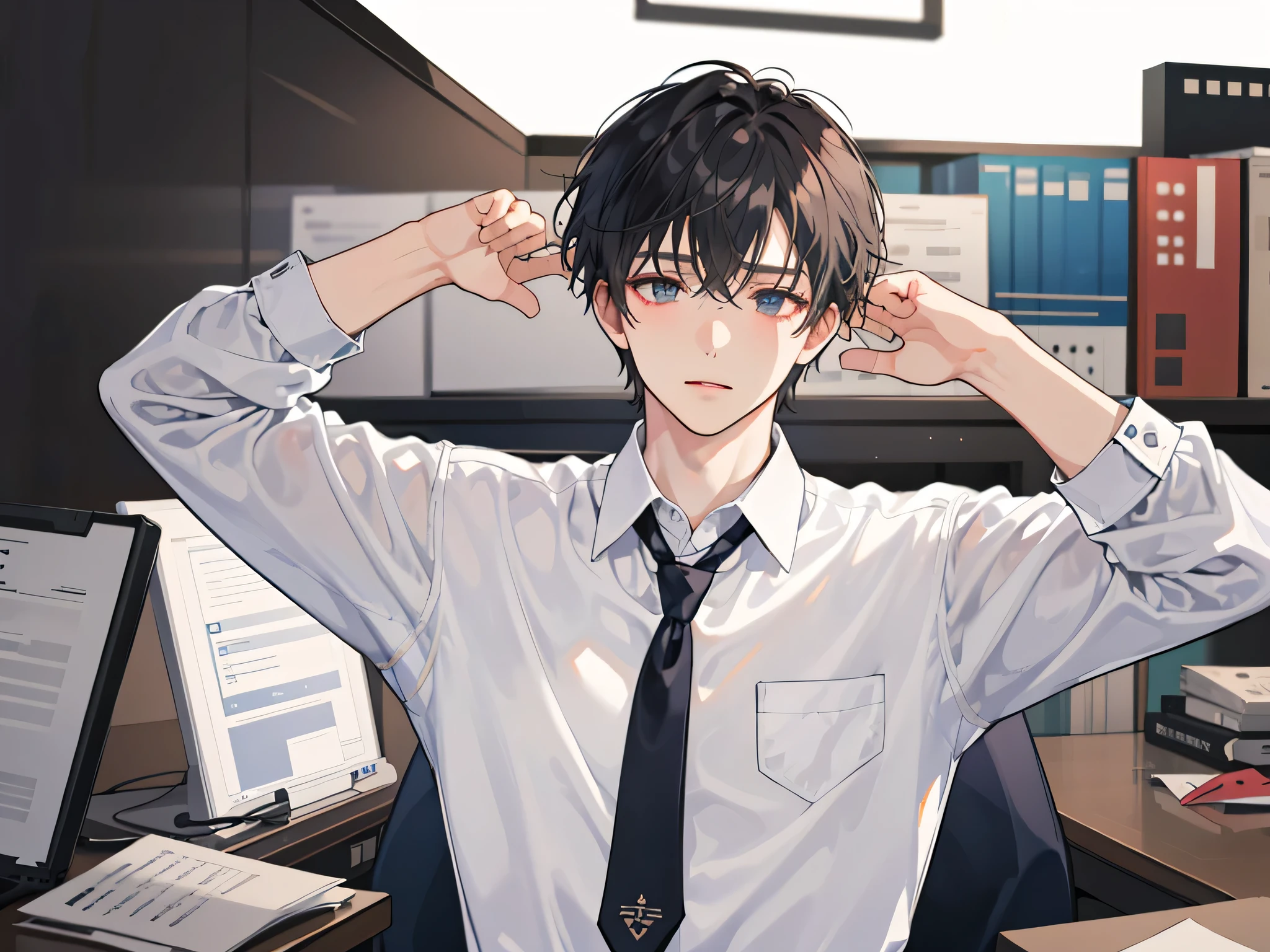 man1,black skin,round face,brown eyes,black hair,high skin fade haircut for short hair,white shirt,Sitting in an office, bored,retina,masterpiece,ccurate,anatomical correct, textured skin,super detail,high quality,high details,best quality,highres,UHD,1080P