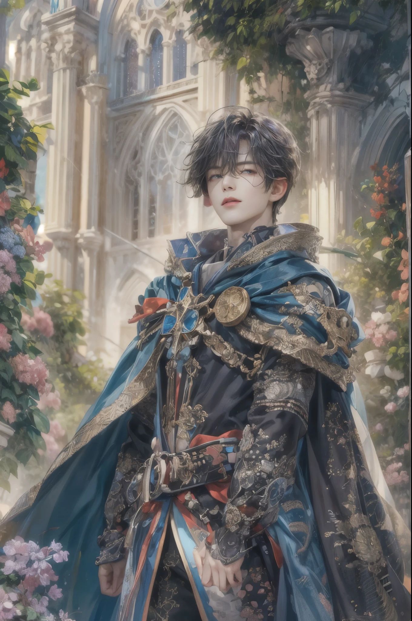 (absurdres, highres, ultra detailed, HDR), masterpiece, Intricate details,best quality picture of a character from Star Ocean Anamnesis, handsome korean teen boy with short Hair anime eyes, intricate details on face, Hero Outfit showing Chest with cape in vivid color, detailed outside garden cathedral scenery, detailed character, art kenouji