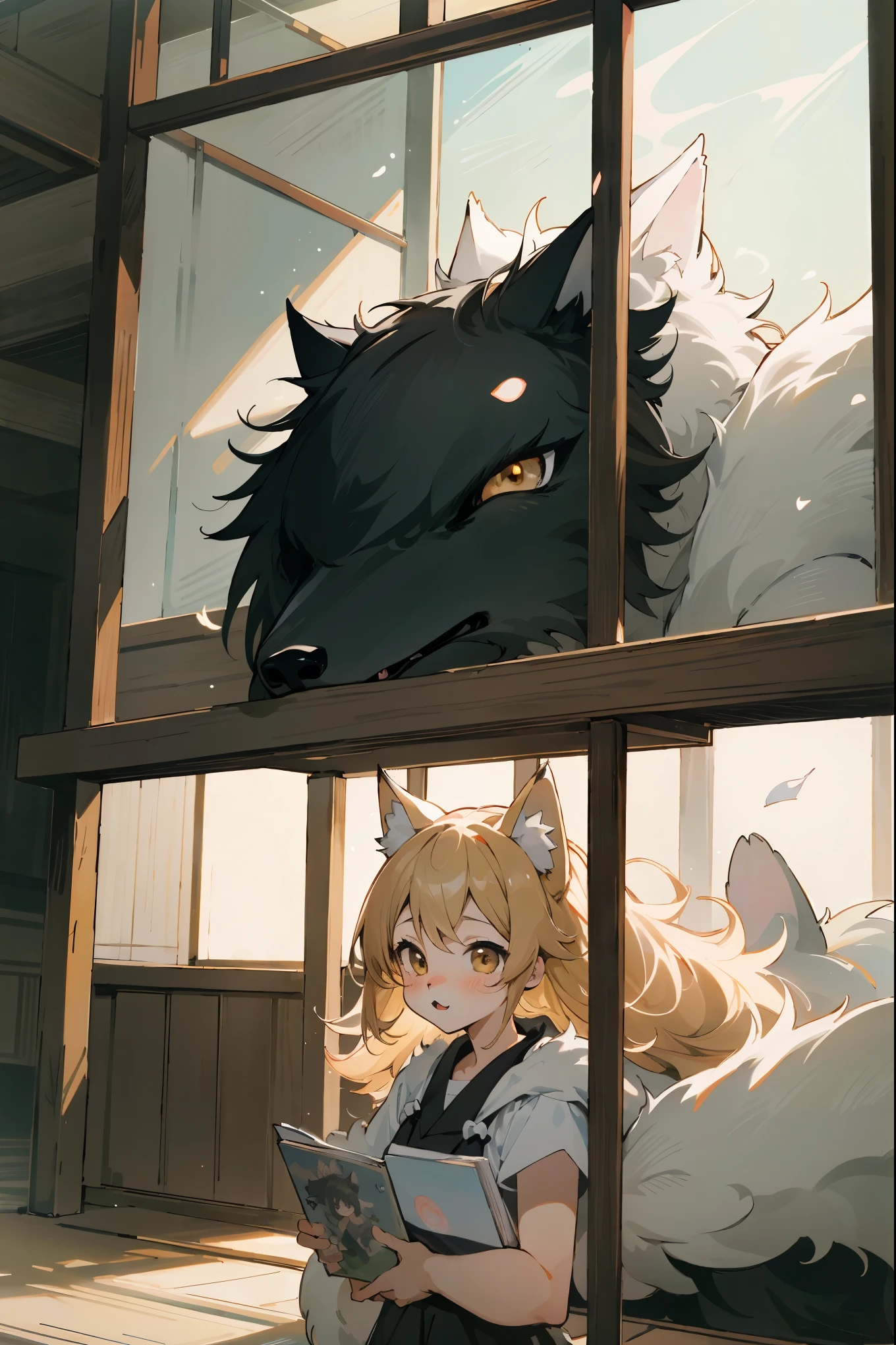 top quality, best quality, highres, unparalleled masterpiece, perfect artwork, paid reward available, indoor, couple of comics(super cute 1girl, 1wolf, kemono, furry anthro)tumblr, sosaku hanga, black and white manga page, manga page, doujin, ddlc, anime, comedy comic, black and white manga panel, zerochan,