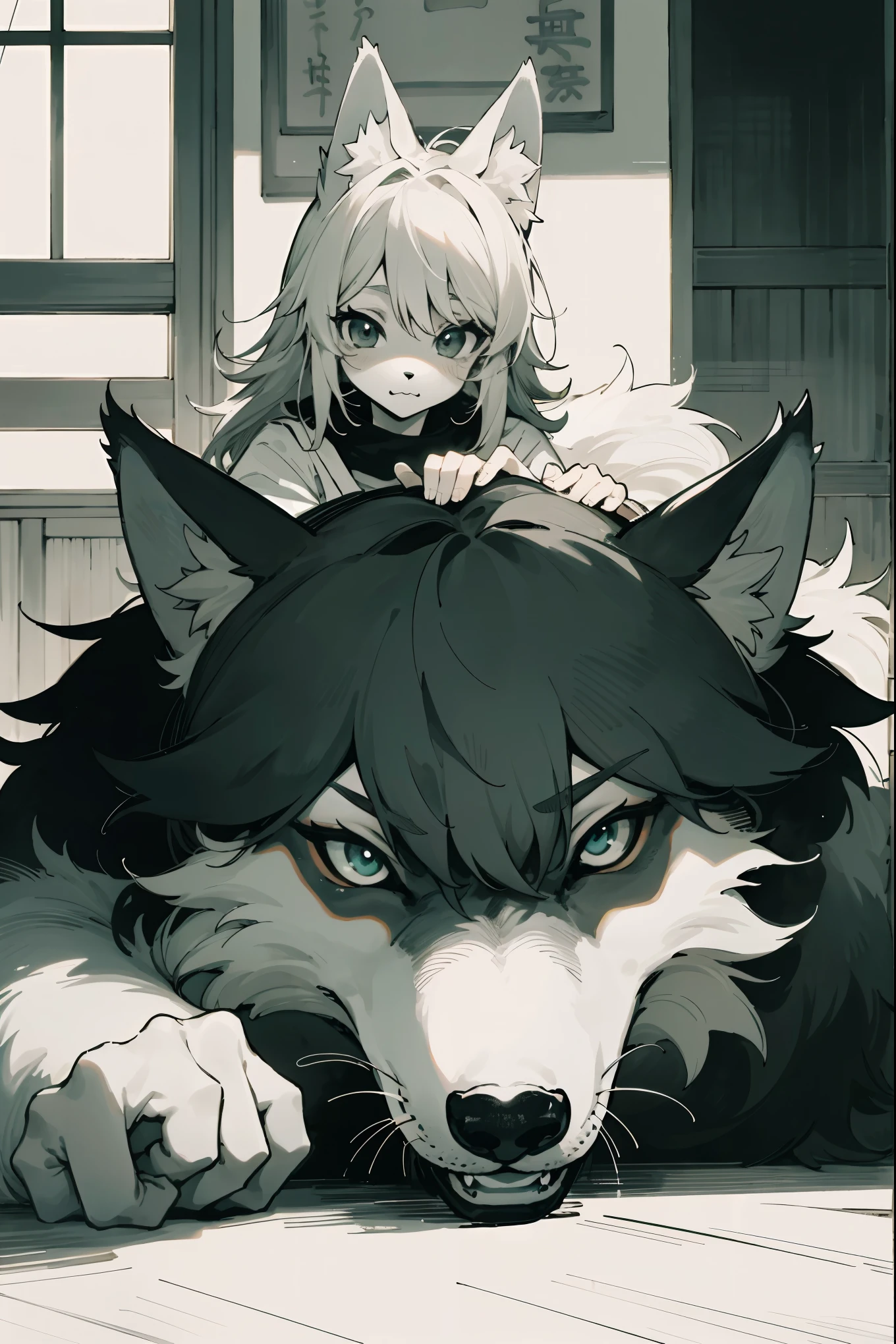 top quality, best quality, highres, unparalleled masterpiece, perfect artwork, paid reward available, indoor, couple of comics(super cute 1girl, 1wolf, kemono, furry anthro)tumblr, sosaku hanga, black and white manga page, manga page, doujin, ddlc, anime, comedy comic, black and white manga panel, zerochan,