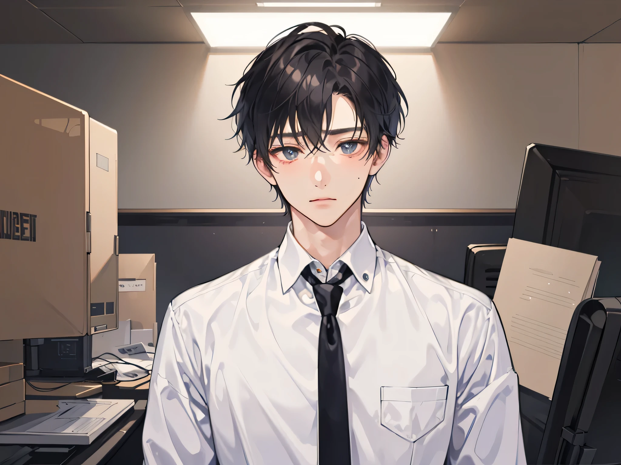 1 boy,((alone)),adult,shy,tired look,suit,white shirt,Upper body,tie,dark circles under the eyes,pants,highest quality,facial details,office,(background office)