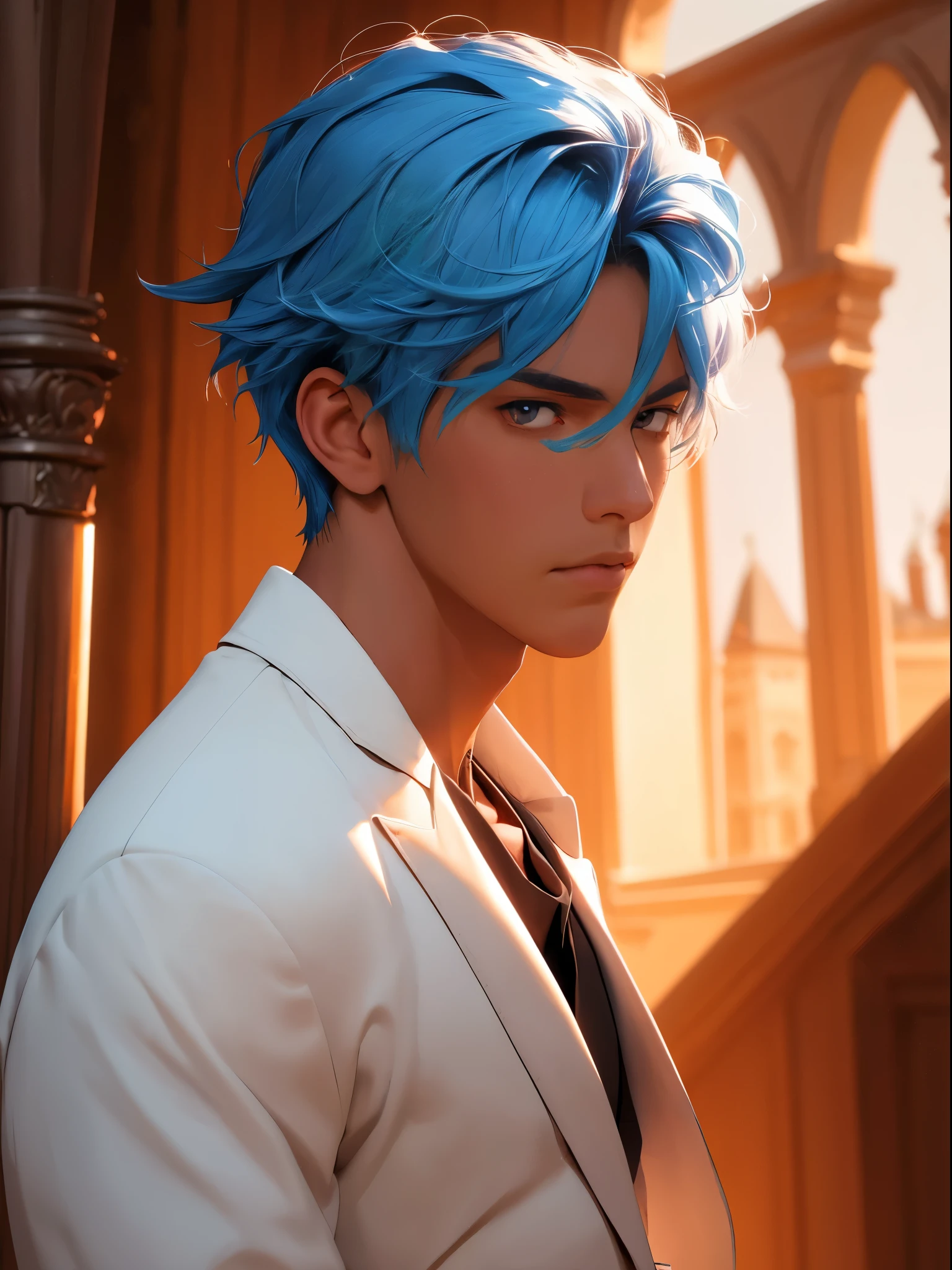 (absurdres, highres, ultra detailed), 1 male, young man, tan skin. eyepatch on right eye, blue hair, dramatic lighting, detailed, masterpiece, standing in front of the castle, sunset light, red and orande sunset tones