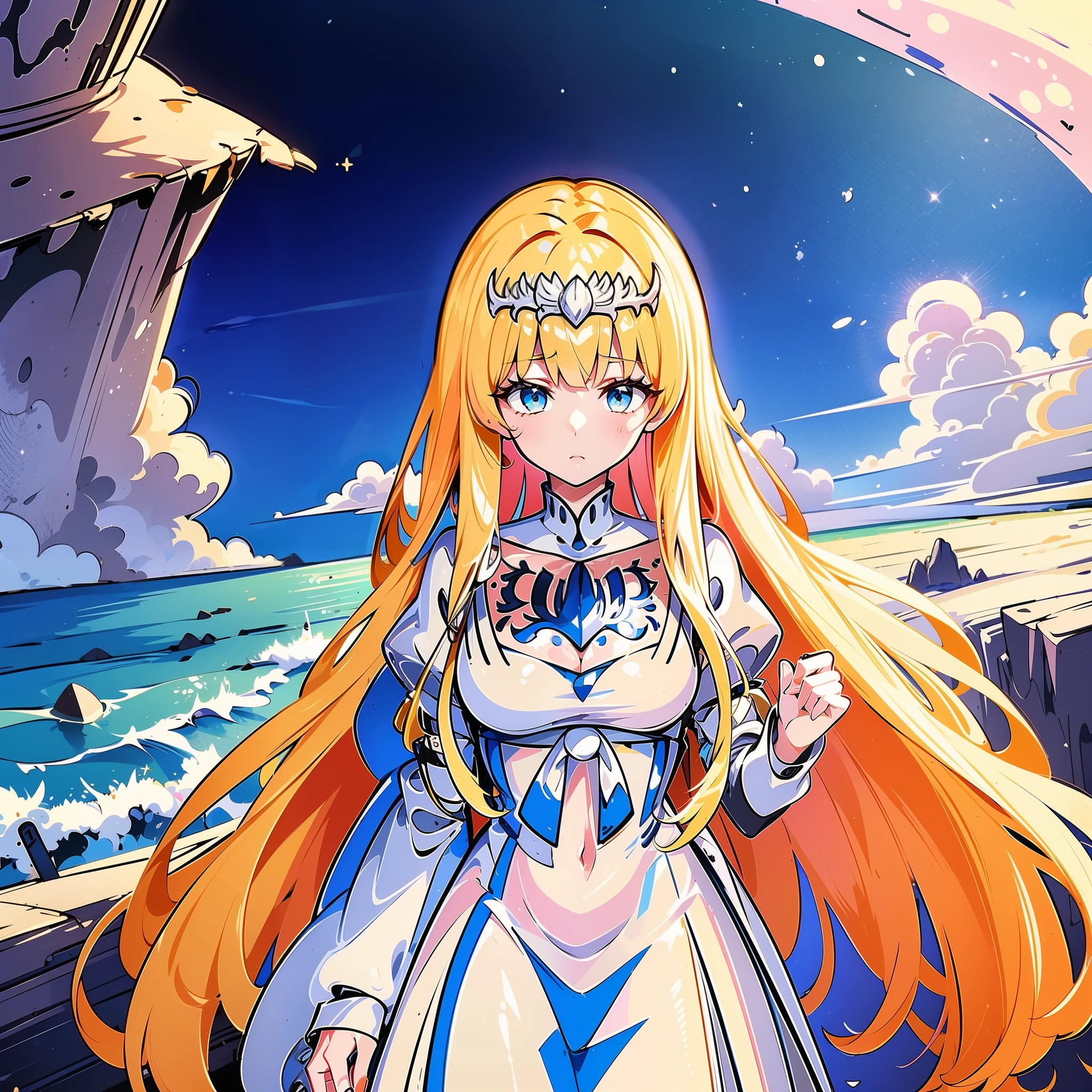 1 girl, blonde hair style split flowers, her hair long but tied up beautifully with a cute clip,((no multiple people)) 1girl, Calca, blonde hair, extremely long hair, white tiara, tiara on her head, white dress, blue eyes, medium breasts