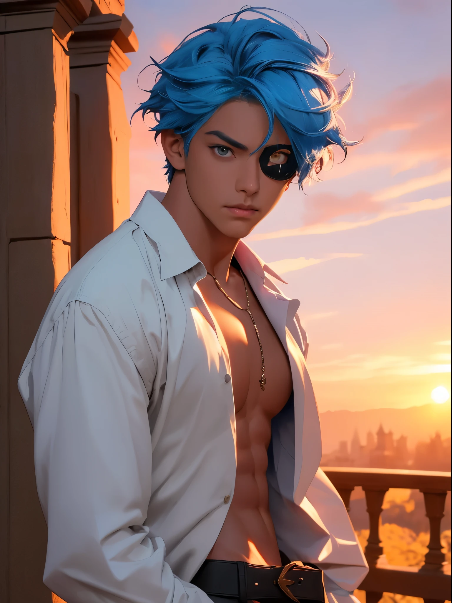 (absurdres, highres, ultra detailed), 1 male, young man, tan skin. eyepatch on right eye, blue hair, dramatic lighting, detailed, masterpiece, standing in front of the castle, sunset light, red and orande sunset tones
