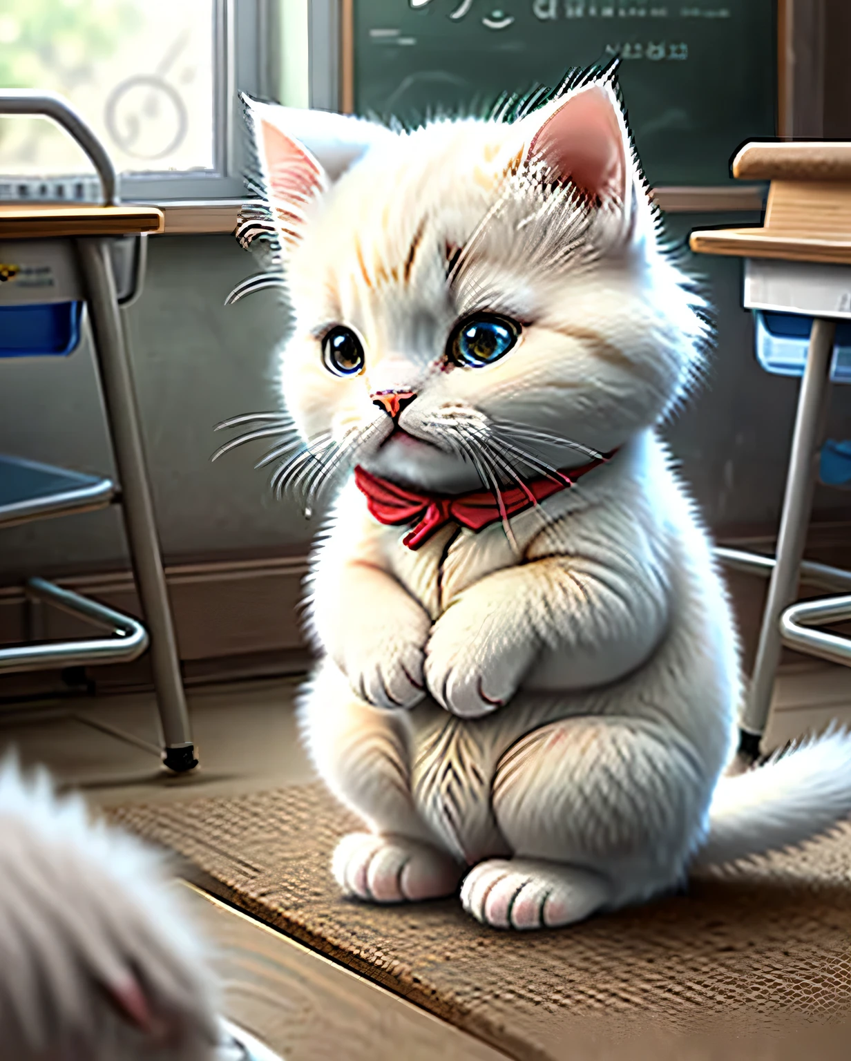 school classroom。White cat being bullied by other animals。troubled look。orphaned cat。sad expression。((Crying cat))。