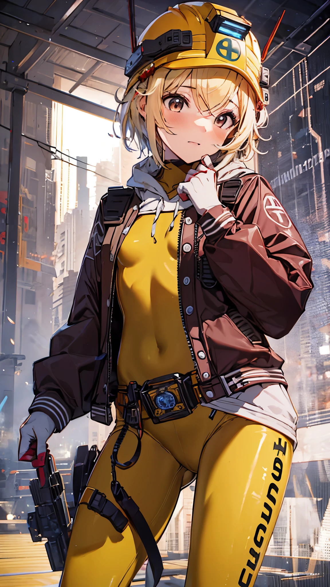 nikkeliter,1girl,solo,blonde hair,very short hair,helmet,jacket,(yellow zentai),belt,((short stature)),((flat chest)),top-quality,Top image quality,perfect anatomy,masterpiece,ultra-detailliert,Beautiful、ultra-quality, best quality,high resolution, ultra-detailed,game cg,dutch angle ,beautiful detailed eyes, visualart,five fingers, perfect hands,