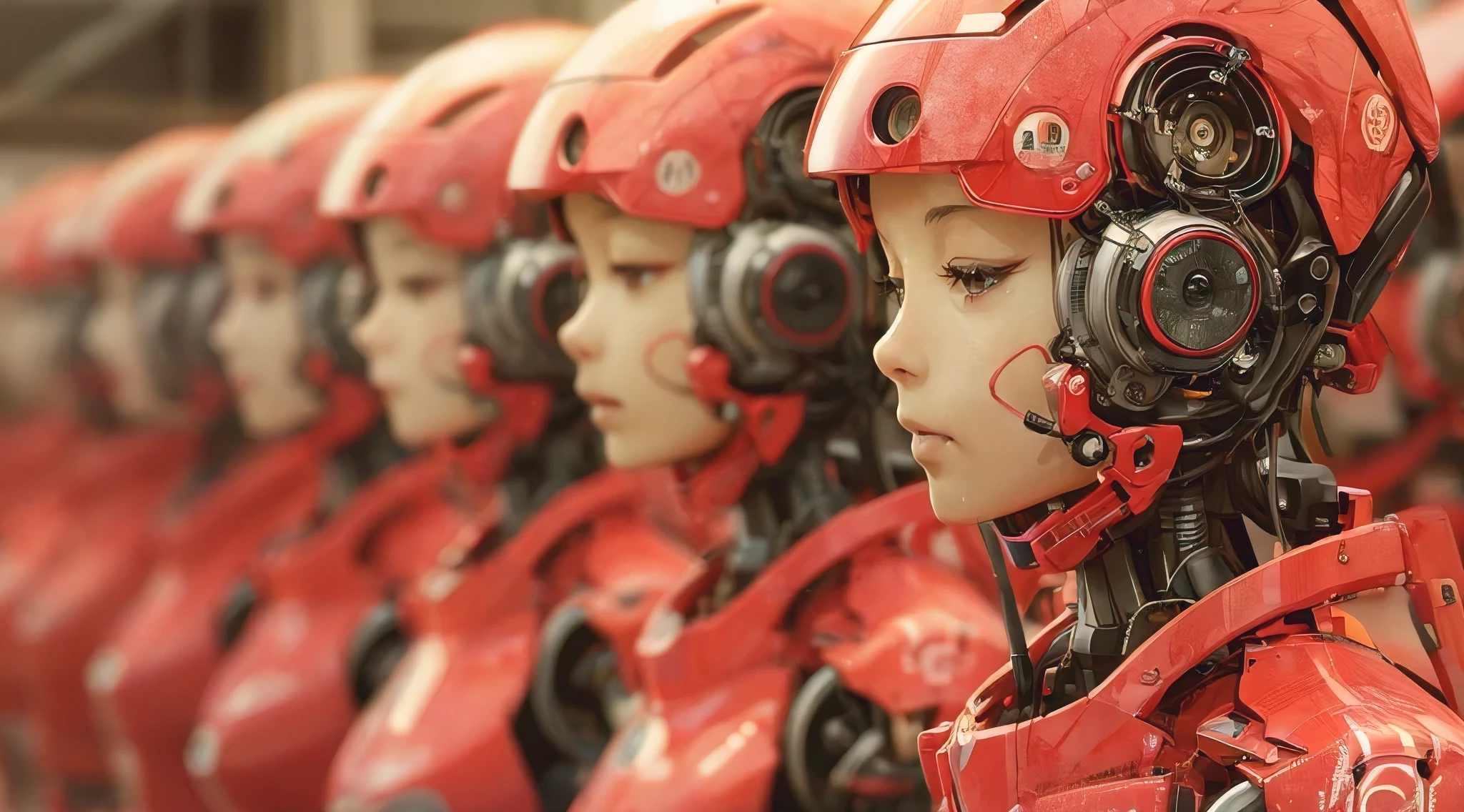 (masterpiece, best quality, photorealistic, ultra-detailed), female robots from japan being produced on a large scale, magazine cover, model, colors in red tones