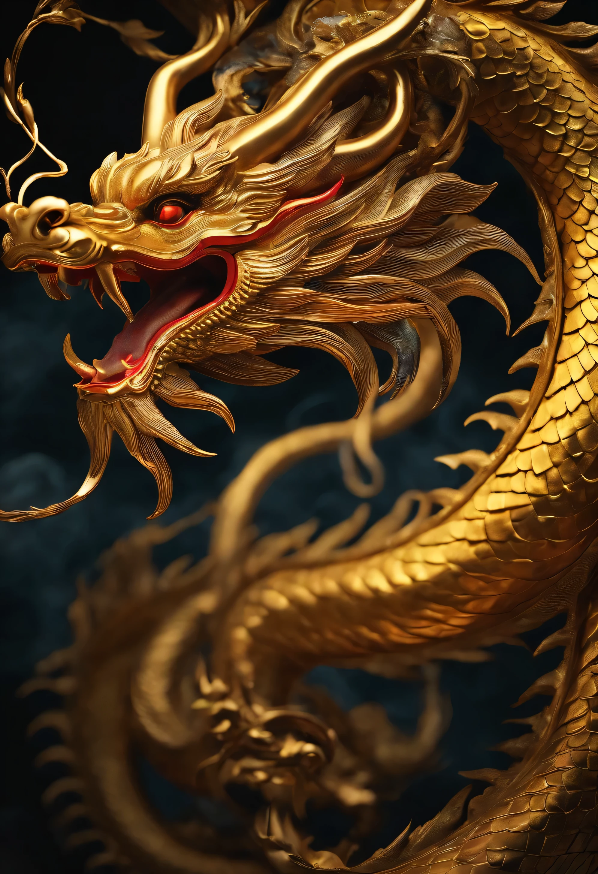 golden swirling chinese dragon,The whole dragon, ((in front:1.4)), ((look ahead:1.4)),
