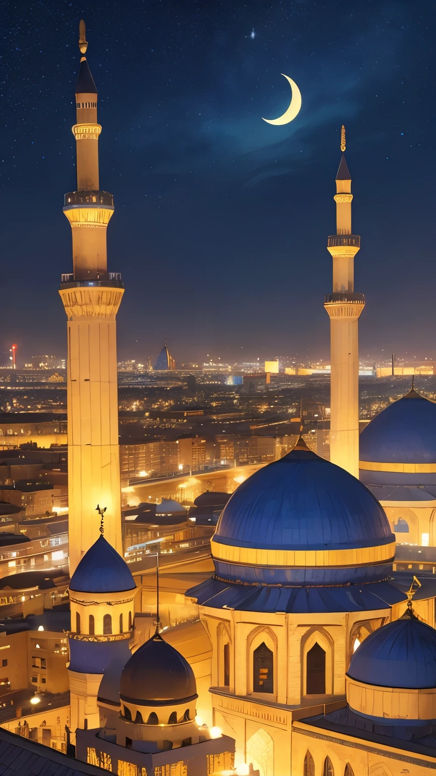 the blue wide night sky, stars, crescent moon, mosque, four minarets, lights from the msque and its minarets, 