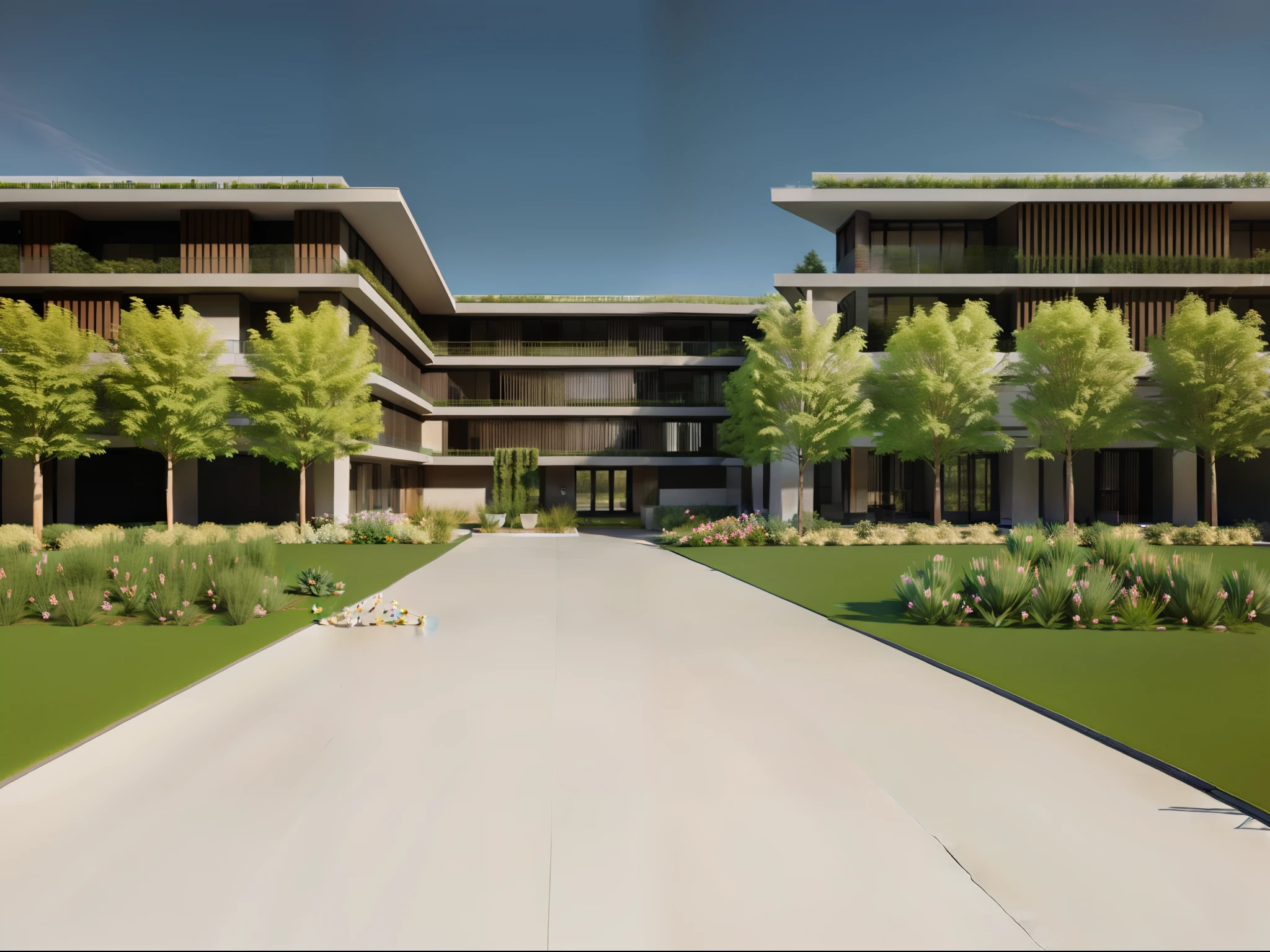 rendering of a courtyard with a walkway and trees in the background, architectural rendering, architectural rendering, grande angular exterior 2022, luminous rendering, architectural visualization, professional rendering, architectural 3D rendering, complex 3 d render, complex 3d render, 3D rendering view, intermediate vision, finalrender, renderizar coroa, architectural visualization, pessoas, adicionar pessoas