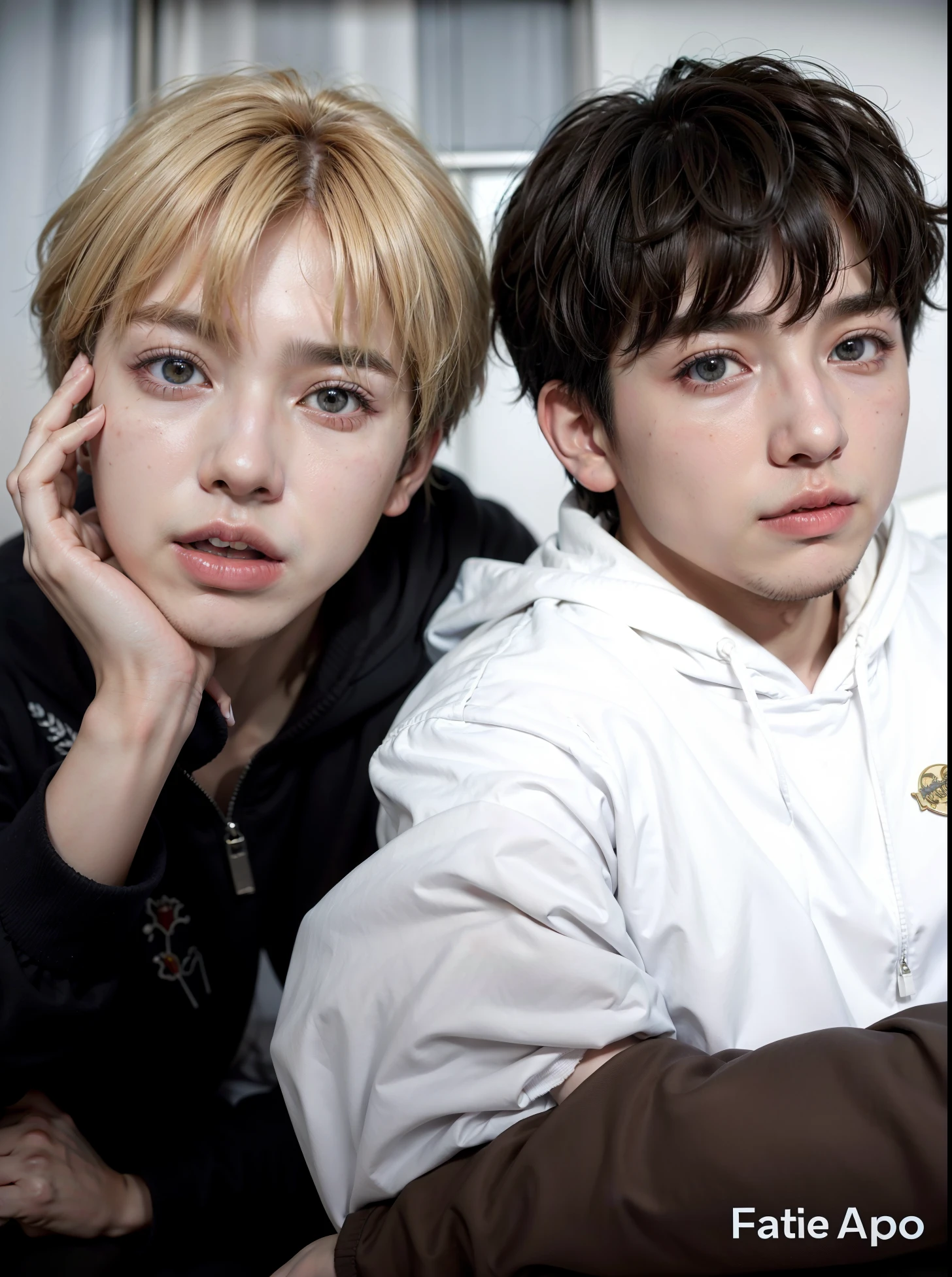 Two young people posing for a photo with their hands on their chins., bts, ellos son hermanos, [ foto realista ]!!, jungkook, muchachos guapos, ✨🕌🌙, foto filtrada, imagen filtrada, estan cerca el uno del otro, inspirado en Kun Can, mejor artista, Jimin\los labios carnosos, cai xukun, desde 8k mate, blonde hair, cute face, black hair rude face, realista 