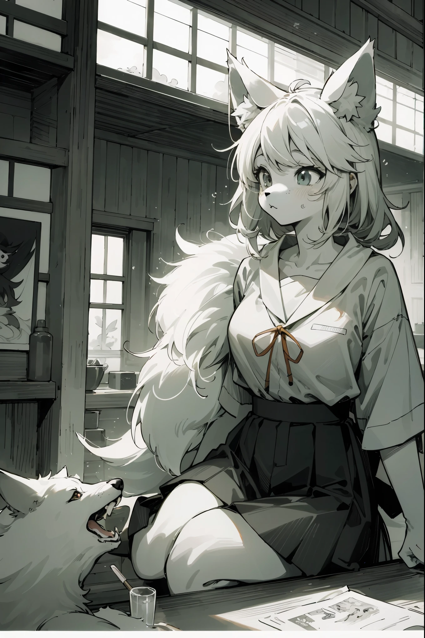 top quality, best quality, highres, unparalleled masterpiece, perfect artwork, paid reward available, indoor, couple of comics(super cute 1girl, 1wolf, kemono, furry anthro)tumblr, sosaku hanga, black and white manga page, manga page, doujin, ddlc, anime, comedy comic, black and white manga panel, zerochan,