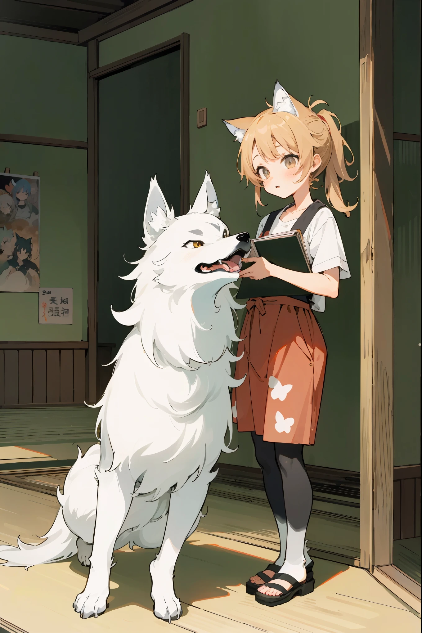 top quality, best quality, highres, unparalleled masterpiece, perfect artwork, paid reward available, indoor, couple of comics(super cute 1girl, 1wolf, kemono, furry anthro)tumblr, sosaku hanga, black and white manga page, manga page, doujin, ddlc, anime, comedy comic, black and white manga panel, zerochan,