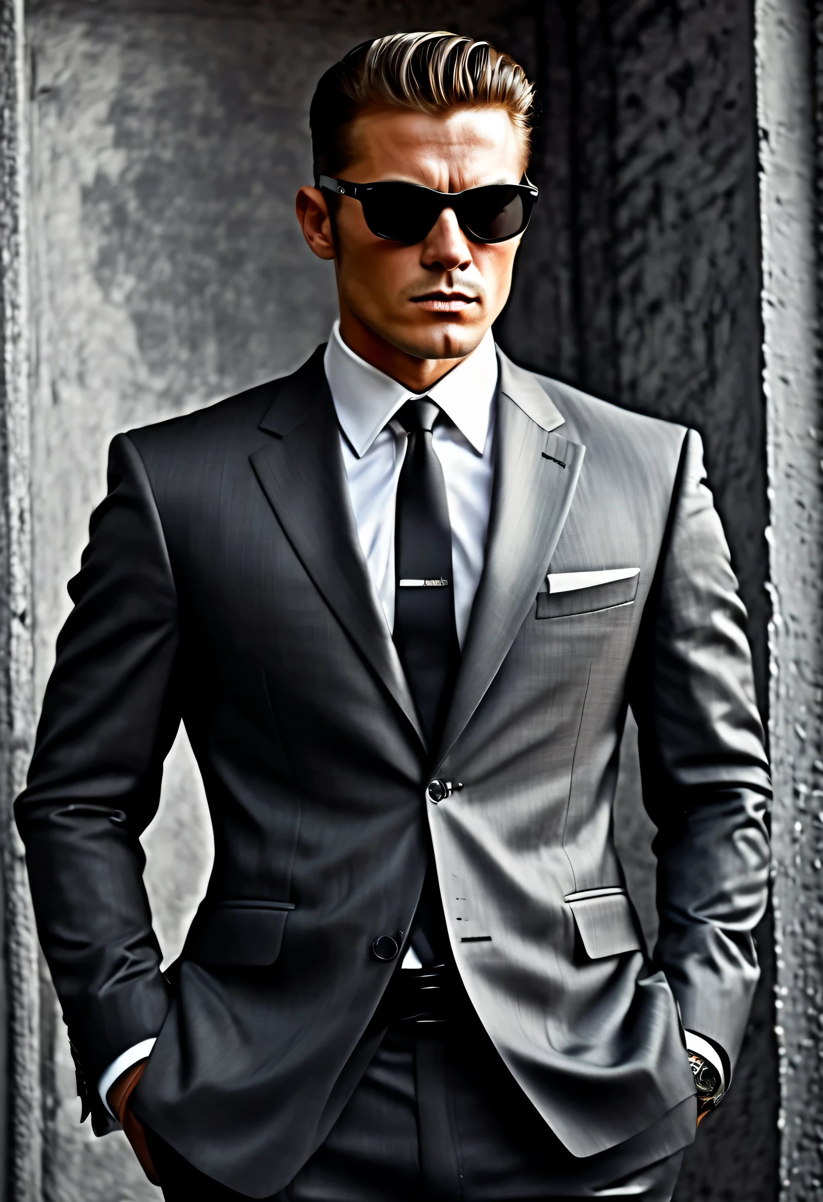 The great hard-boiled secret agent, Black and gray suit, sunglasses, Stylish style, Faceless and fearless attitude, Cinematic angles and shots, dark atmosphere, watch with cold eyes, Vibrant and immersive oil painting imagination, Intricate details and attractive colors, high quality, 最high quality, dark tone contrast, absurd solution,