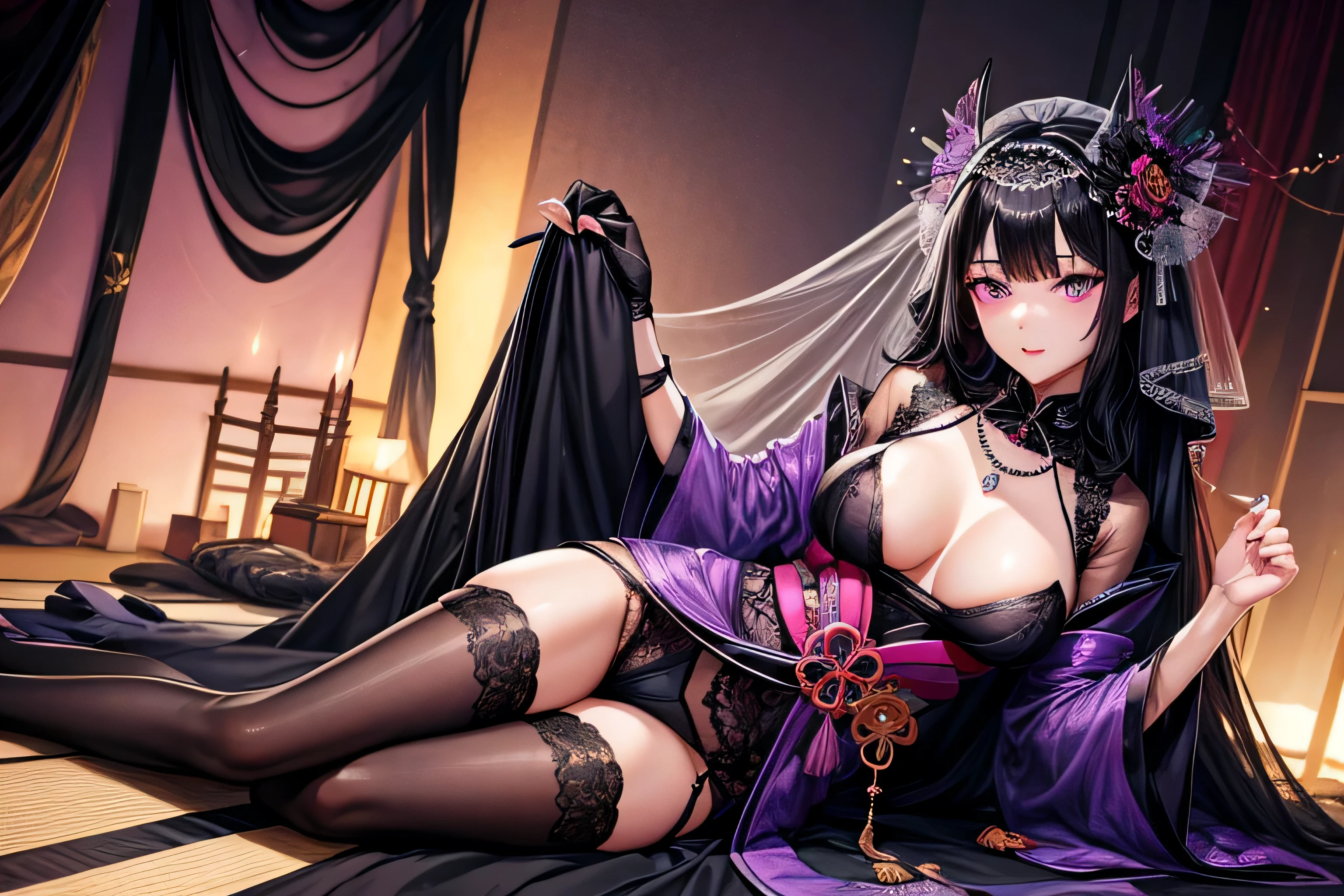 See-through,black face veil , black nylons , silk stockings ,See-throughの袴, dark purple eyes,transparent black kimono ,sheer lingerie,enamel high heels,pearl necklace,,straight,lace long gloves, shortcut, hair ornaments, Japanese style room ,crossed legs,stretch one leg,bewitching look