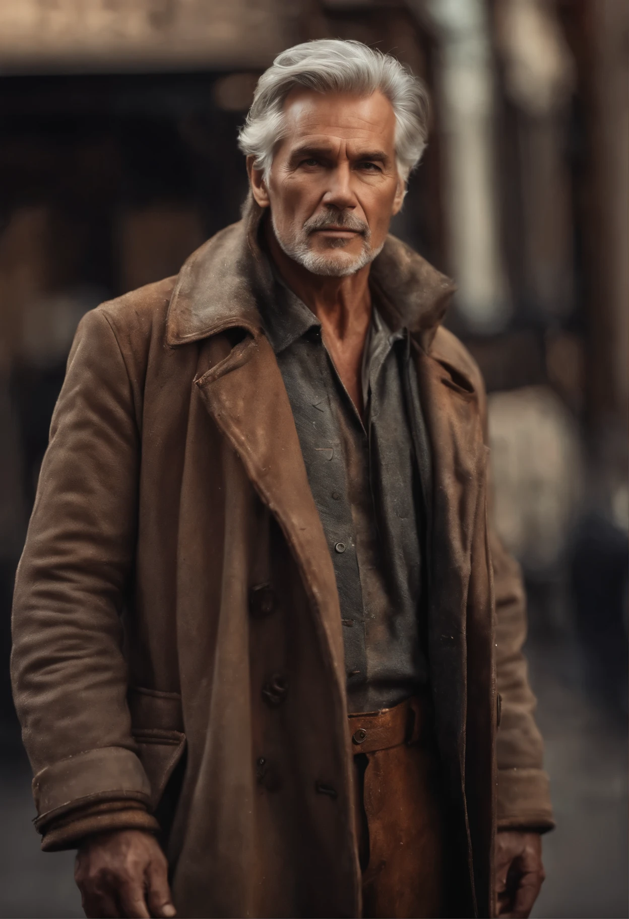 Full-length portrait of handsome man, perfect eyes, wearing tattered mecha coat, ((light blur)), complex, (steel metal [rust]), elegant, sharp focus, photo by Greg Rutkowski,,60s, soft lighting, light colors,gray hair ,masterpiece, (street)), detailed realistic face, close-up of face