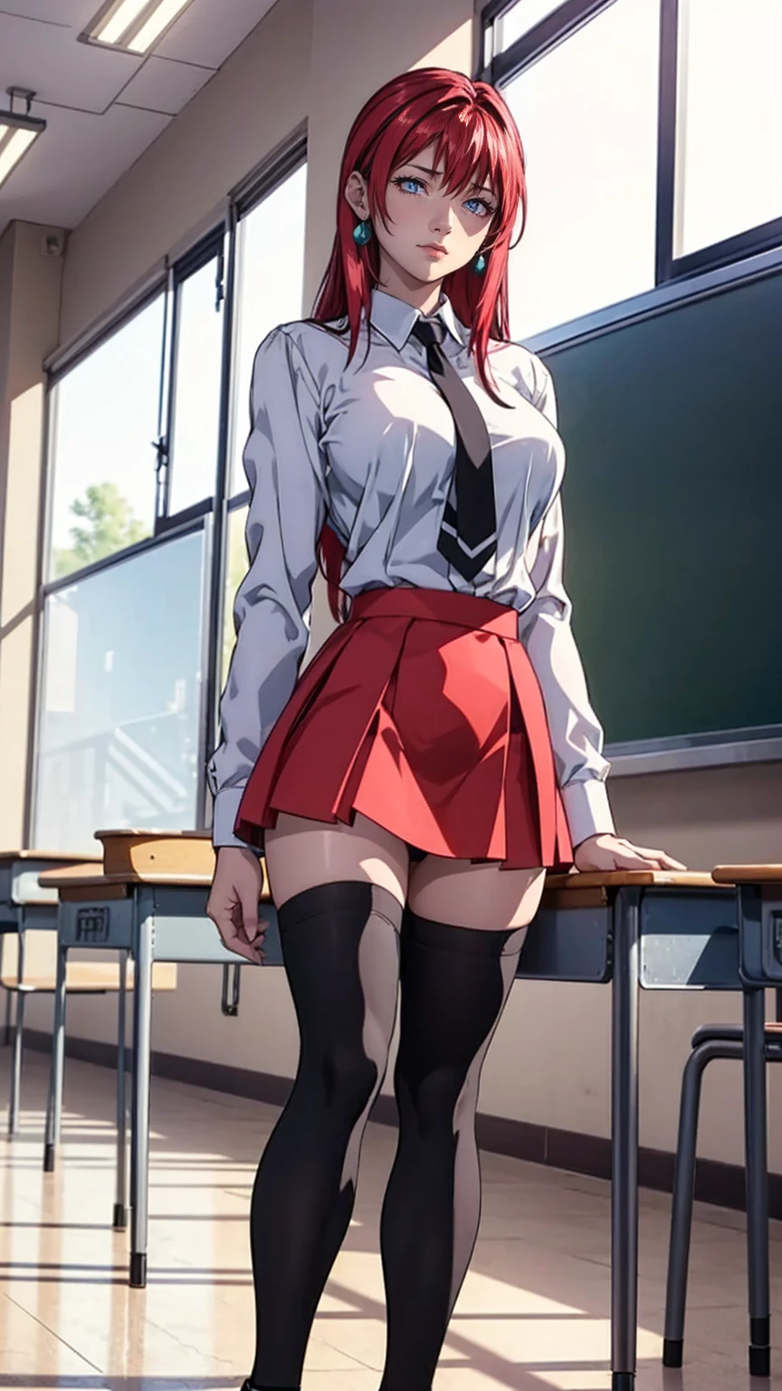 (((JC girl, school uniform, socks Thigh High), black bodysuit, bible black school uniform, dress shirt, white shirt, low heels, long socks, black socks, school, classroom, red skirt, skirt)), (dark purple eyes), TakashiroHiroko, 1girl, mature woman, alone, cowboy shot, looking at viewer, blushing, dark purple eyes, long hair, red hair, earrings, jewelry