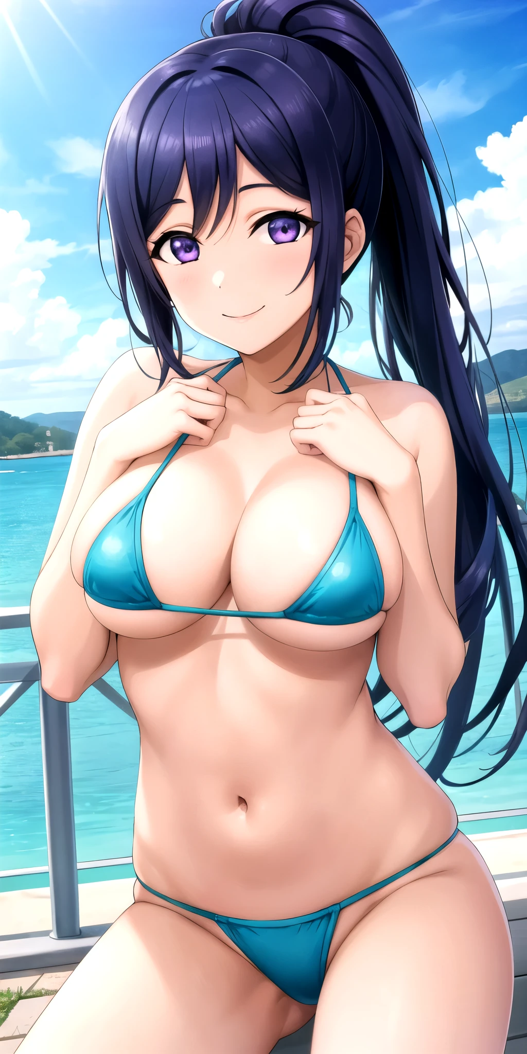 (masterpiece, highest quality, super detailed), (figure), (detailed and beautiful eyes), (1 girl), (alone), matsuura kanan, blue hair, purple eyes, high ponytail, rest outdoors, (goldmetallic verymicrobikini)、looking at the viewer, cowboy shot, smile,  better hand, perfect hands, (five fingers),spread legs,((transparent nippleansuji))、cumshot,cumshot,cumshot,metallicmicrobikini、Creampie