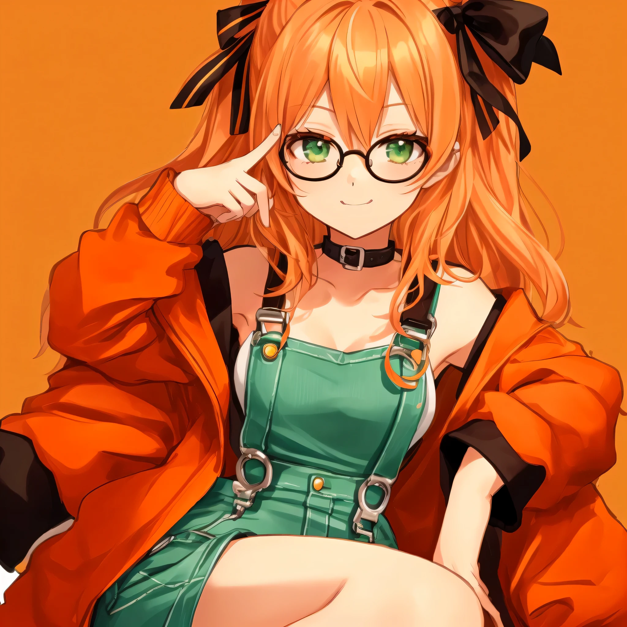 orange and white hair、one girl、round glasses、Lift up your glasses with your left index finger、smug face、Hold your left elbow with your right hand、green overalls、orange jacket、show your shoulders、black camisole、Neck belt、Ruffled camisole、