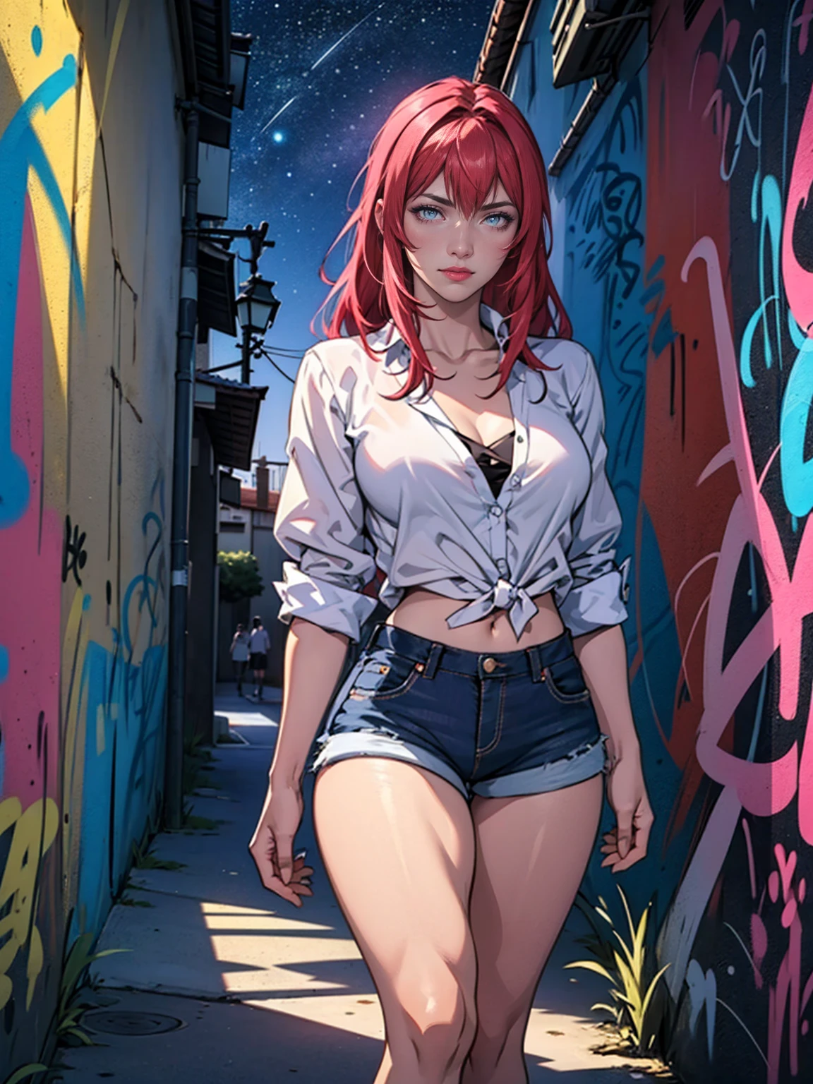 ((TakashiroHiroko, dark purple eyes, red hair, pink lipstick, Extremely detailed, ambient soft lighting, 4k, perfect eyes, a perfect face, perfect lighting, a 1girl, Lush)) austere, wide hips, short top, short shorts, unbuttoned shorts, blue sky, clouds, , lots of , (graffiti alley, graffiti walls, in an alley, night, moonlight, starry night), MFBP1