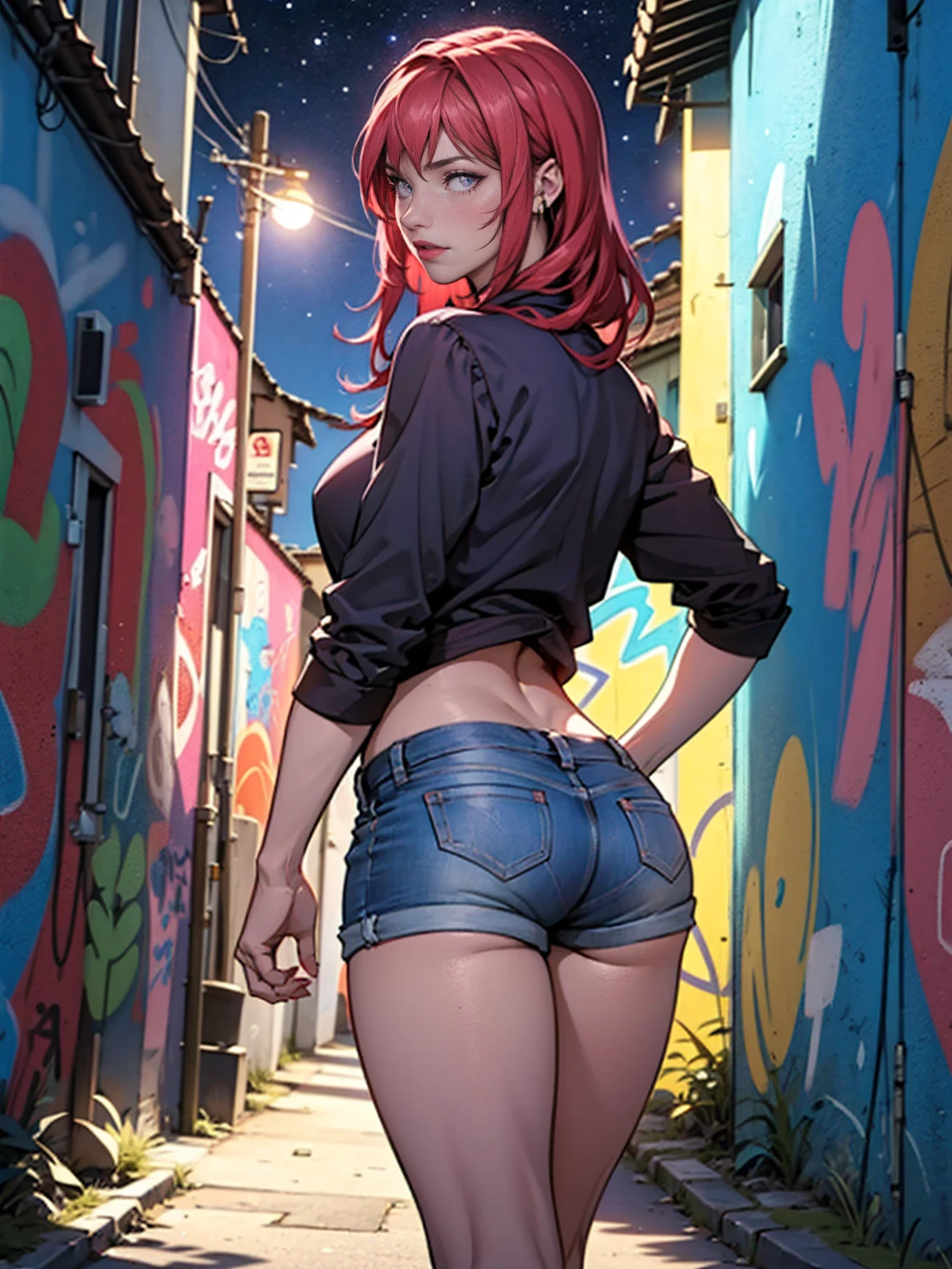 ((TakashiroHiroko, dark purple eyes, red hair, pink lipstick, Extremely detailed, ambient soft lighting, 4k, perfect eyes, a perfect face, perfect lighting, a 1girl, Lush)) austere, wide hips, short top, short shorts, unbuttoned shorts, blue sky, clouds, erotica, lots of erotica, (graffiti alley, graffiti walls, in an alley, night, moonlight, starry night), MFBP1, back, 