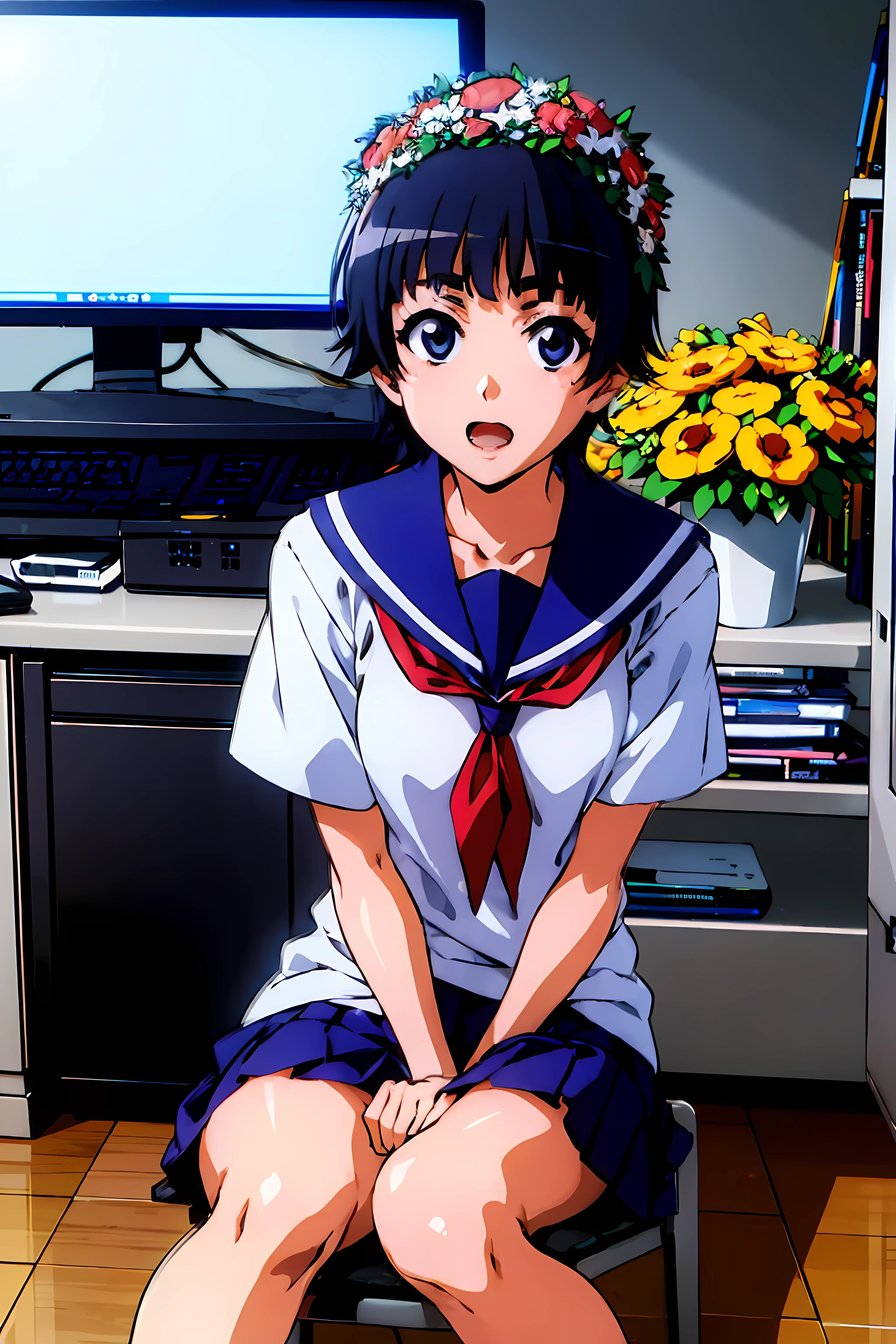 (highest quality:1.3),(ultra-be familiar with:1.5),High resolution,extremely be familiar with CG,unity 8k wallpaper,official art,be familiar with,super be familiar with skin,perfect anatomy,beautiful be familiar with eyes,((anime screenshot)),very delicate and beautiful,comics,90s anime,90s anime style,cel shaded anime,1 girl,
((Uihar Hazari:1.52)), (black eye:1.5), black hair, flower, hair flower, hair ornaments, 頭のflower輪, short hair,armband, sakugawa school uniform, school uniform, serafuku, skirt, summer clothes, neckerchief, red neckerchief, blue sailor collar, blue color deficiency, short sleeve,open mouth smile,
((sitting in front of the computer:1.37)),
 focus of the eye,(Carefully crafted brilliance),sky blue lens flare:1.7),movie background),hyper detail,(delicate details),(intricate details),octane rendering,ticker,(hyper detail:1.15),(soft light:1.2),highly be familiar with eyes,thick,rainbow paint drop,Woman made of paint,Full Paint,splat,splash,shining hair,(shining eyes),((compensate)),(movie masterpiece),violently,powerful and,(Absolutely eye-catching splashes of color:0.9),(Movie headlights),((caustic)),dynamic angle,Detailed beautiful shine.ambient occlusion,ambient light,raytraced reflections,(best lighting,very delicate and beautiful),(cinematic light),