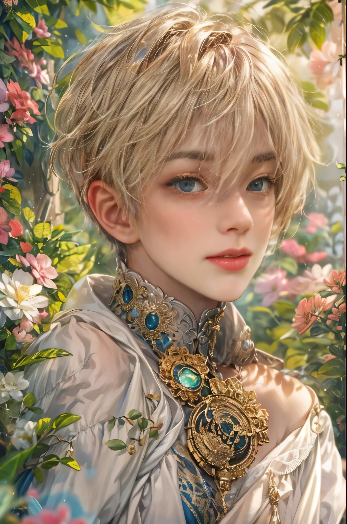 (absurdres, highres, ultra detailed, HDR), masterpiece, Intricate details,best quality picture of a character from Star Ocean, handsome  boy with short Hair anime eyes, intricate details on face, in a detailed outside garden sanctuary scenery, detailed character, art kenouji