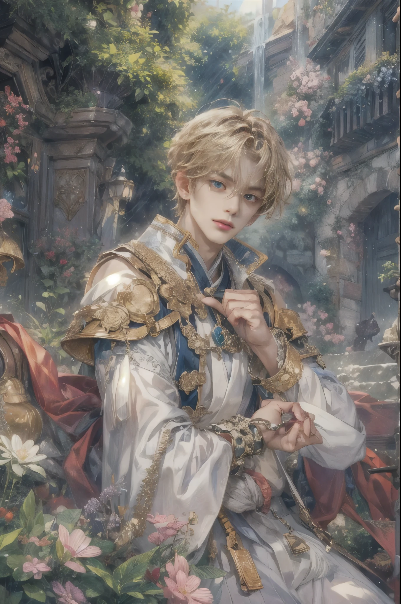 (absurdres, highres, ultra detailed, HDR), masterpiece, Intricate details,best quality picture of a character from Star Ocean, handsome teen boy with short Hair anime eyes, intricate details on face, in a detailed outside garden sanctuary scenery, detailed character, art kenouji