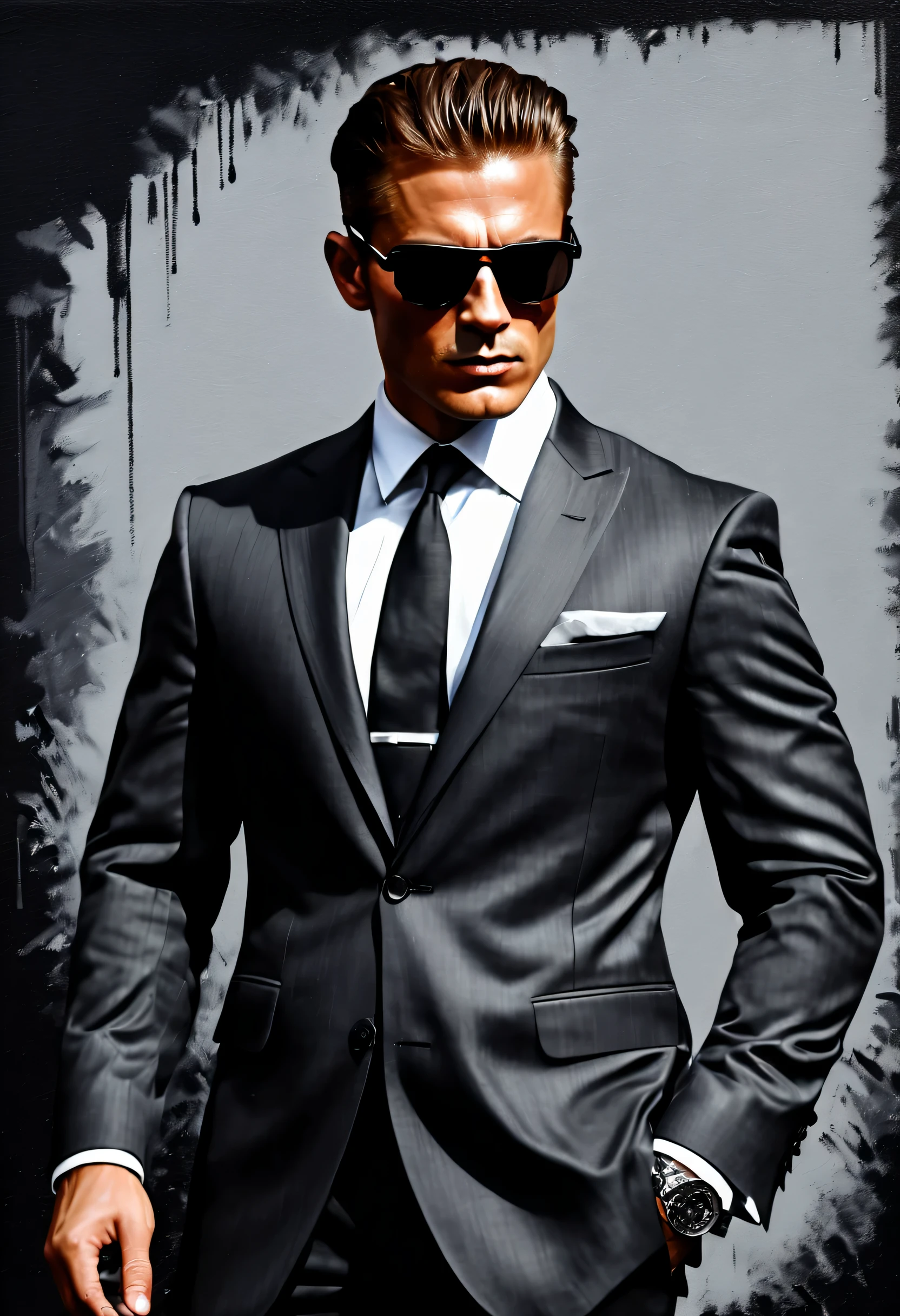 The great hard-boiled secret agent, Black and gray suit, sunglasses, Stylish style, Faceless and fearless attitude, Cinematic angles and shots, dark atmosphere, watch with cold eyes, Vibrant and immersive oil painting imagination, Intricate details and attractive colors, high quality, 最high quality, dark tone contrast, absurd solution,