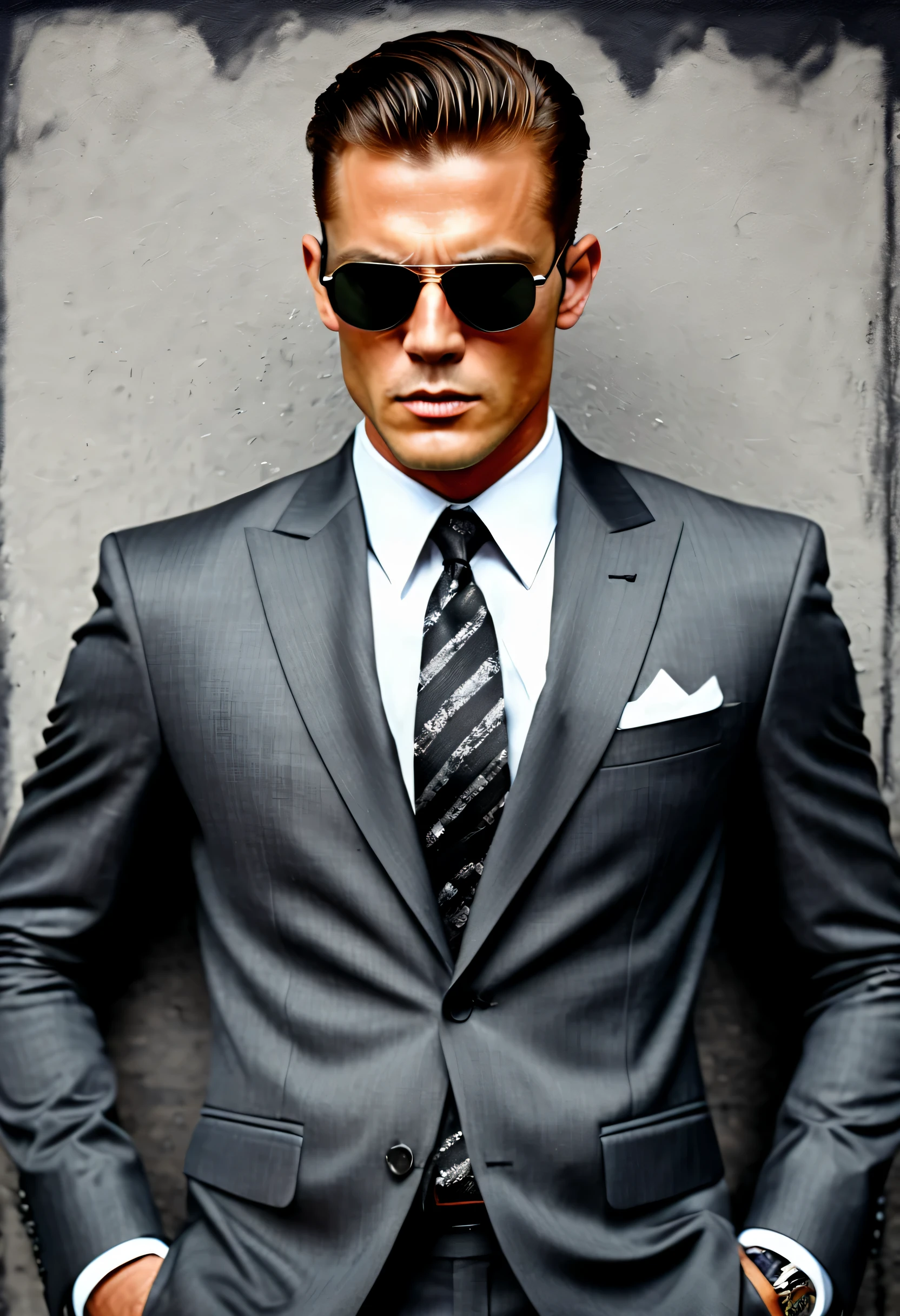 The great hard-boiled secret agent, Black and gray suit, sunglasses, Stylish style, Faceless and fearless attitude, Cinematic angles and shots, dark atmosphere, watch with cold eyes, Vibrant and immersive oil painting imagination, Intricate details and attractive colors, high quality, 最high quality, dark tone contrast, absurd solution,