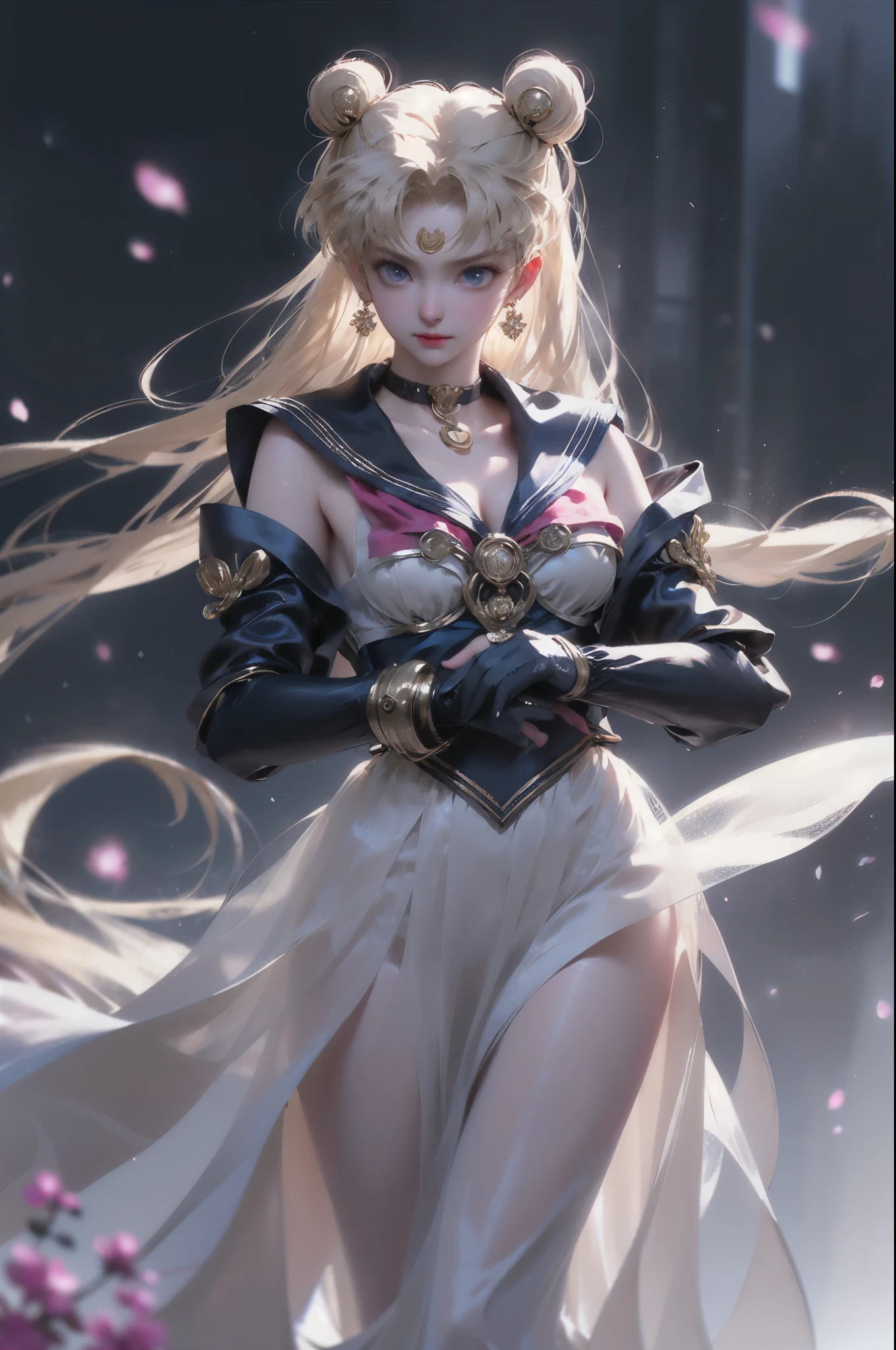 (ultra realistic 8k CG:1.2),perfect artwork,delicate pattern,intricate detail, cel shading,
(unparalleled masterpiece,best quality:1.2),(extremely intricate:1.2),70mm telephoto lens,
-------------------------------
kpop idol,korean beauty,korean mixed,
(1girl,solo:1.2),woman,girly,bright eyes,(wet skin,nsfw:1.1),
(absurdly long hair:1.4),Floating hair,wind,gale,hair accessories,
-------------------------------
(silk and Ribbon in front:1.3),earrings,filigree,detached sleeves,wide sleeves,
(see through clothes,translucent clothes,armlet:1.2),(revealing clothes),jewelry,
(cleavage,bare shoulder,strapless,Simple Choker,tube dress,no bra:1.1),
-------------------------------
(sky,idle animation,simple background,Leaves and plant in front :1.2),
-------------------------------
(meishaonv,gun,blue eyes,tsukino usagi,double bun,sailor collar,crescent,holding weapon,holding,sailor moon:1.2)