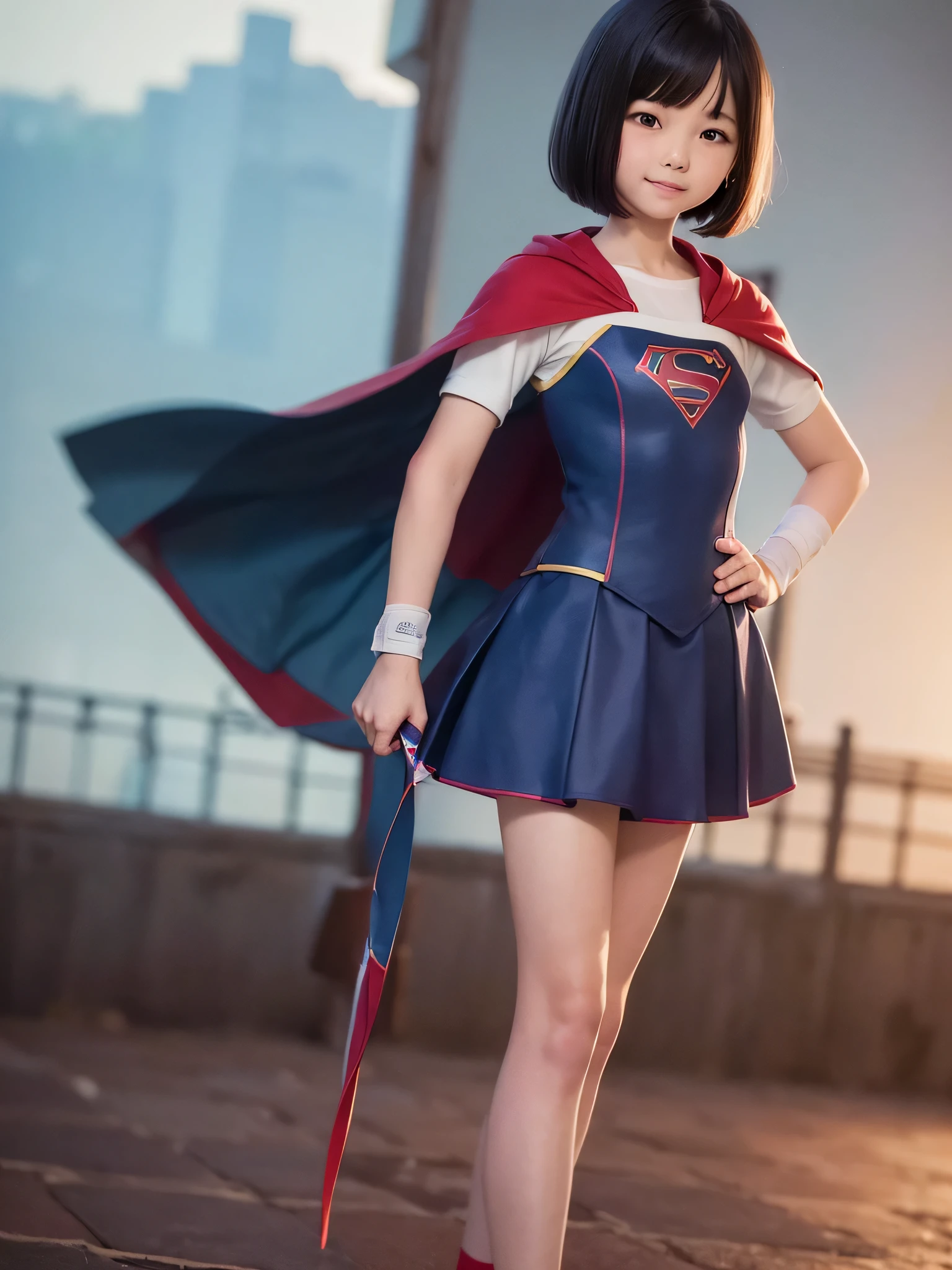 Easter piece where wear Supergirl clothes、highest quality、Spreading black hair、bob cut with trimmed ends、(flat chest)、lolicon、red cloak、short sleeve、pink heart shaped particles、Rooftop background with pool、whole body、smile、stand with hands on hips