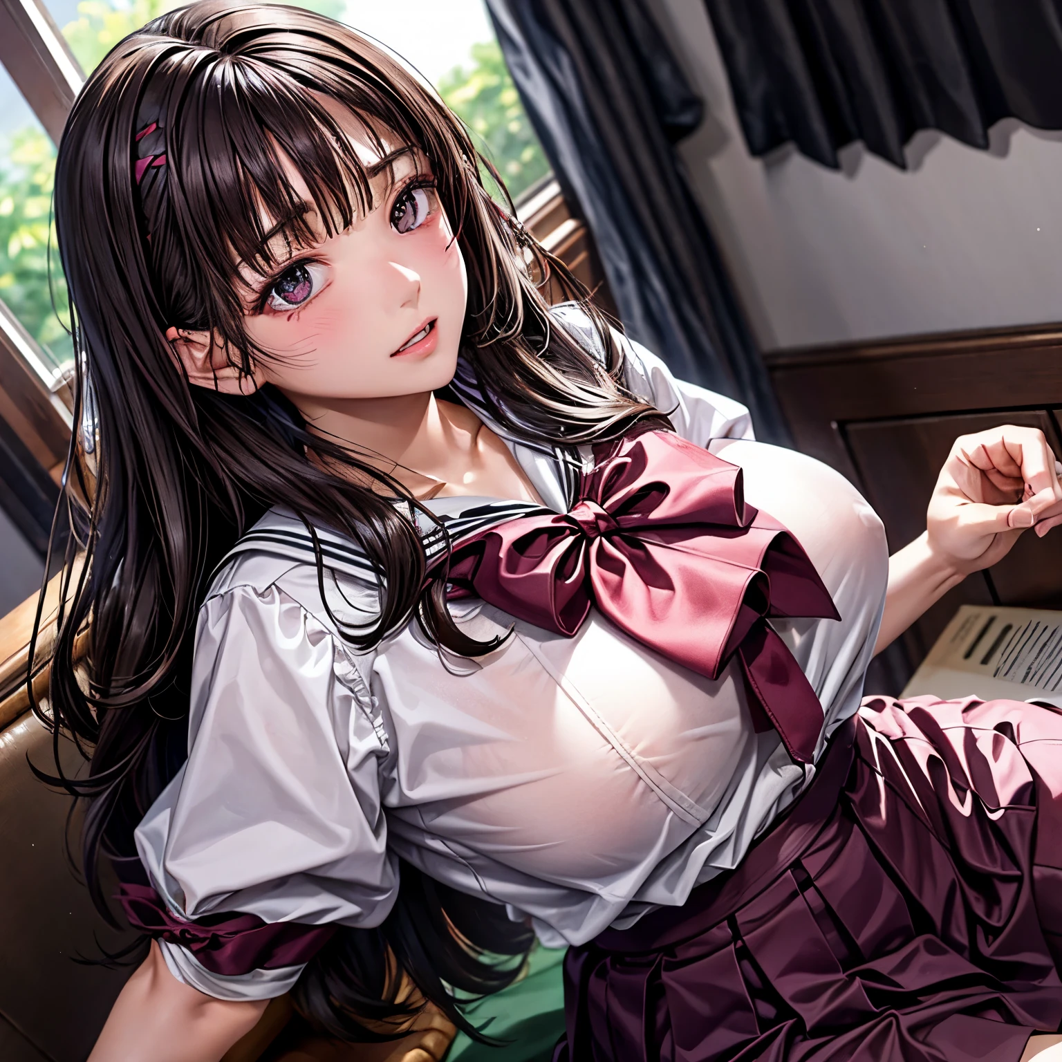 1girl,dark hair,longhair,dark eye,feel pleasure,high school girl, school uniform,18 years old,blush、big breasts、I'm panicking、There are pink heart marks in the eyes.、