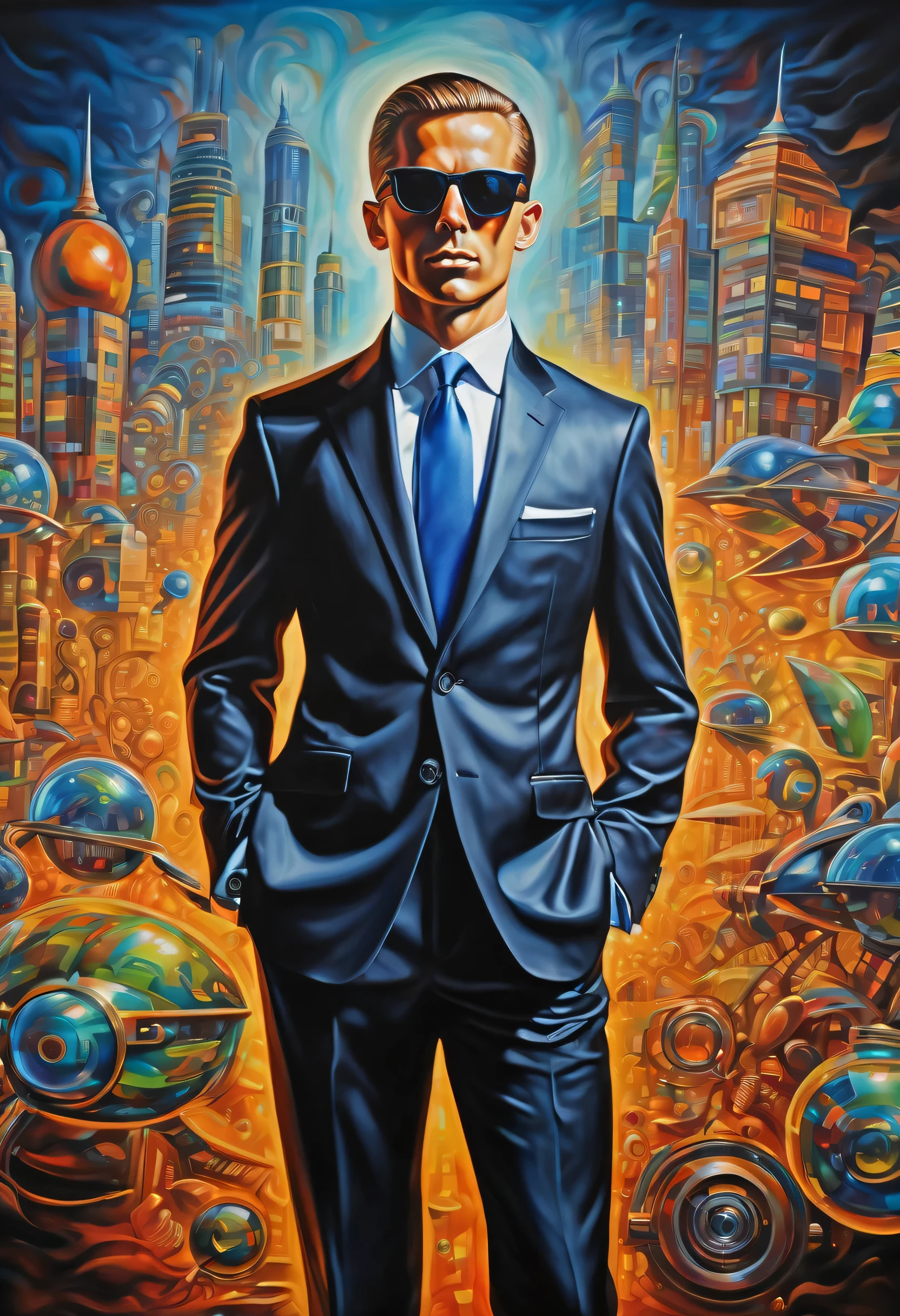 sophisticated and mysterious secret agent, tailored suit, sunglasses, Grab a special martini, High-tech equipment and fearlessness, watch carefully, Vibrant and immersive oil painting imagination, Intricate details and attractive colors, high quality, 最high quality, dark tone contrast, absurd solution,