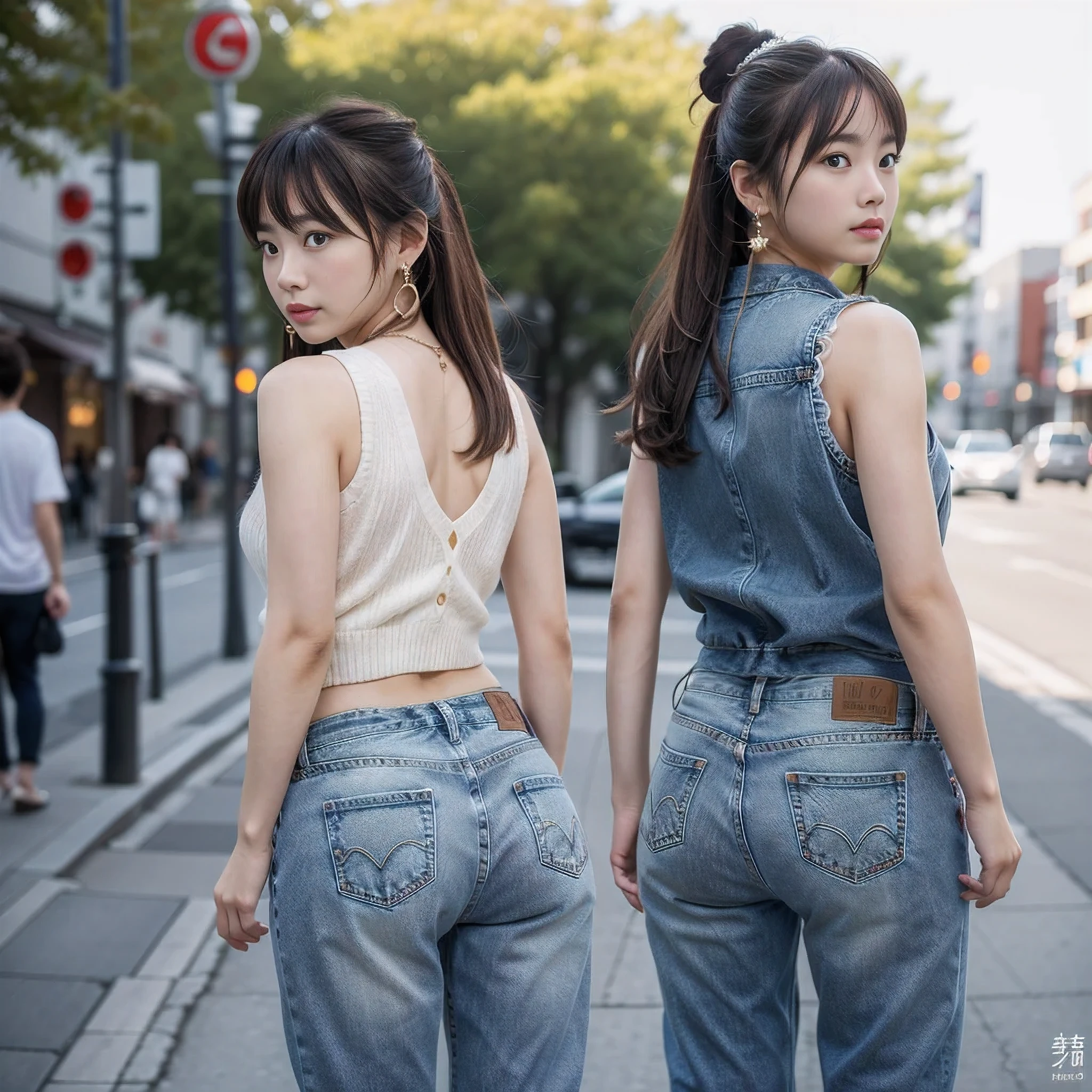 (realistic、Like a photograph、live action、8k, Photoreal, RAW photo, best image quality: 1.4), Single-lens reflex camera、RAW photo, highest quality, realistic, Highly detailed CG Unity 8k wallpaper, Depth of written boundary, cinematic light, Lens flare, ray tracing, realistic background、(denim、Wear white jeans:1.4)、((super dense skin))、 1 girl,cute japanese girl、japanese idol、((whole body:1.5)、Best hip line:1.5，Rear view:1.5、stick out your butt:1.2、buttocks)、random hairstyle:1.2、i like the style、Snazzy、Super detailed、pay attention to details、long hair、hair arrangement、hair up、wearing high heels、beautiful detailed earrings、necklace、perfect costume、(white skin)、(whole bodyが見えます)、beautiful feet:1.1，walking down the street、(back view of a lovely woman)、from the back、panty line:1.5