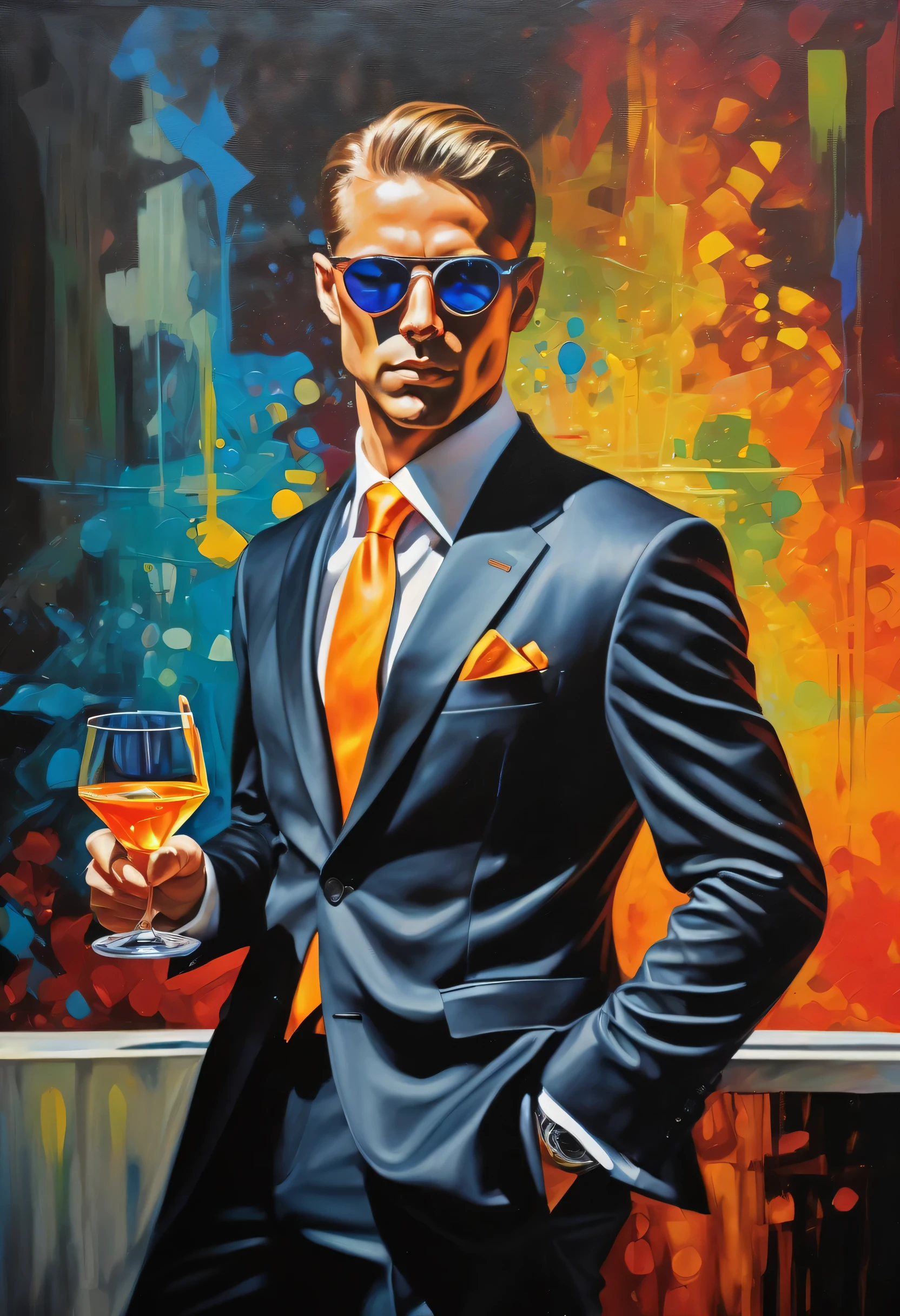 sophisticated and mysterious secret agent, tailored suit, sunglasses, Grab a special martini, High-tech equipment and fearlessness, watch carefully, Vibrant and immersive oil painting imagination, Intricate details and attractive colors, high quality, 最high quality, dark tone contrast, absurd solution,