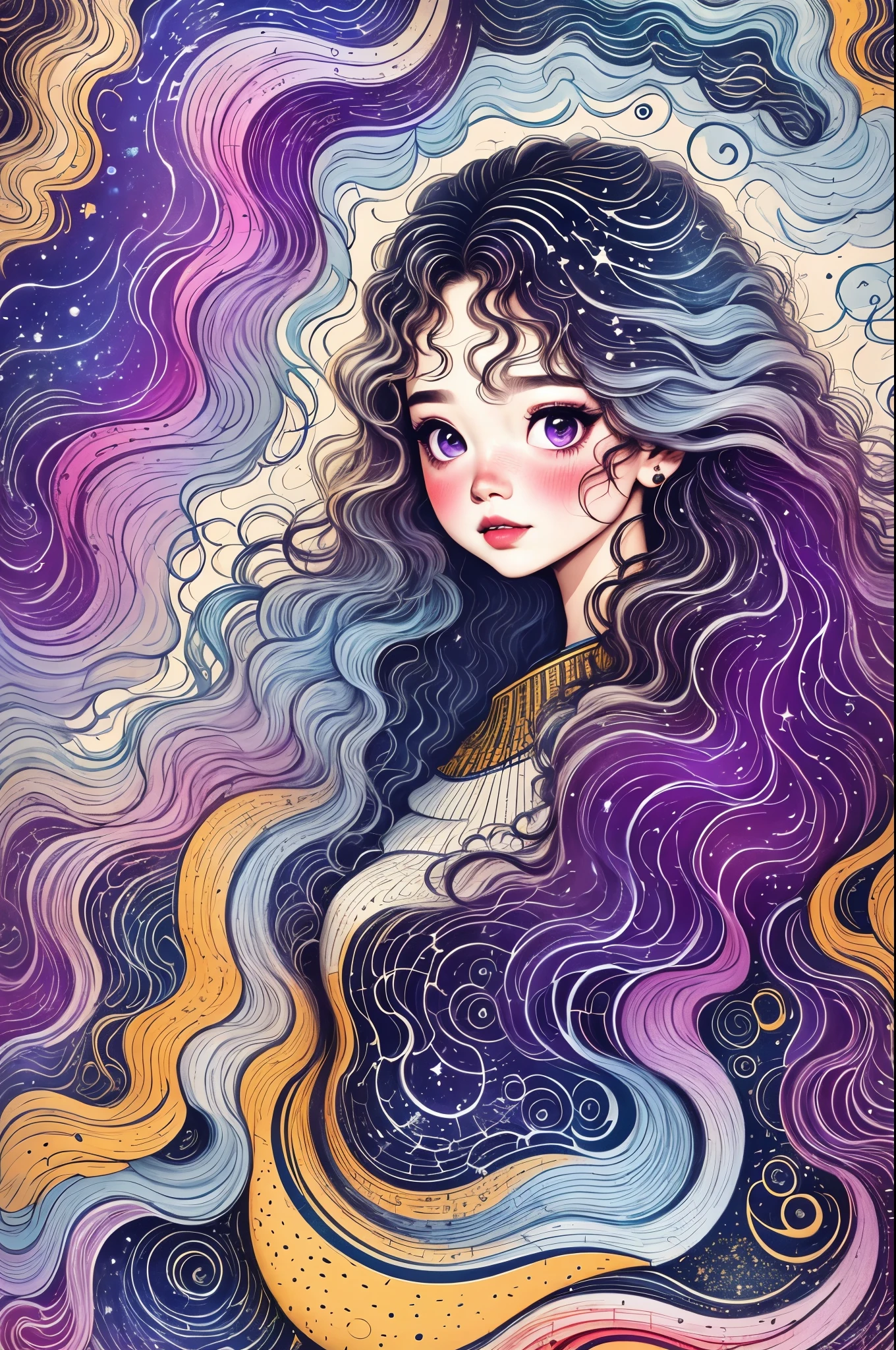 girl,wavy long hair,Curly hair flowing like a galaxy,water、Milky Way:1.37,liquid、cloud、Very Colorful、starry sky、Star、tarot cards,Elf,lipstick,ruddy complexion,purple eyes,Dream:1.37